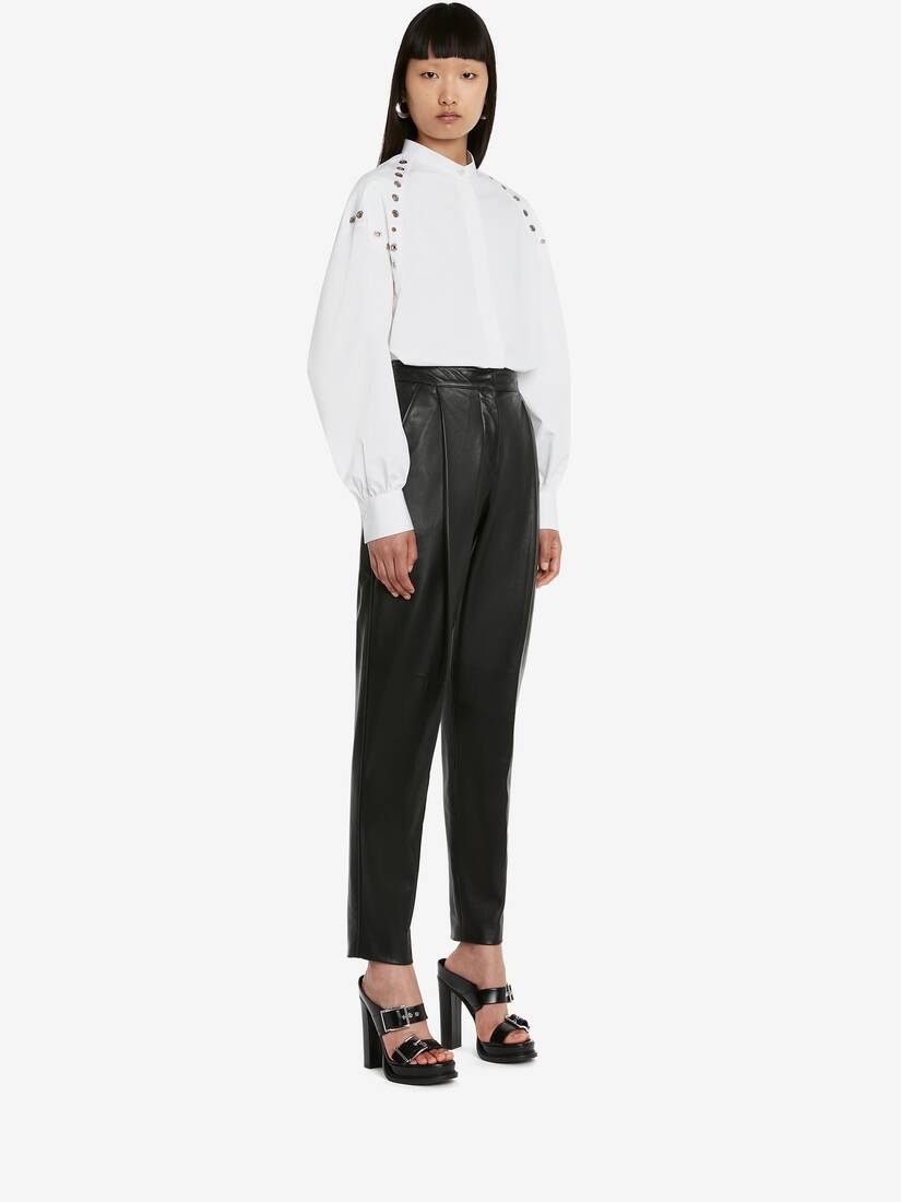 Women's Pleated Leather Trousers in Black - 3
