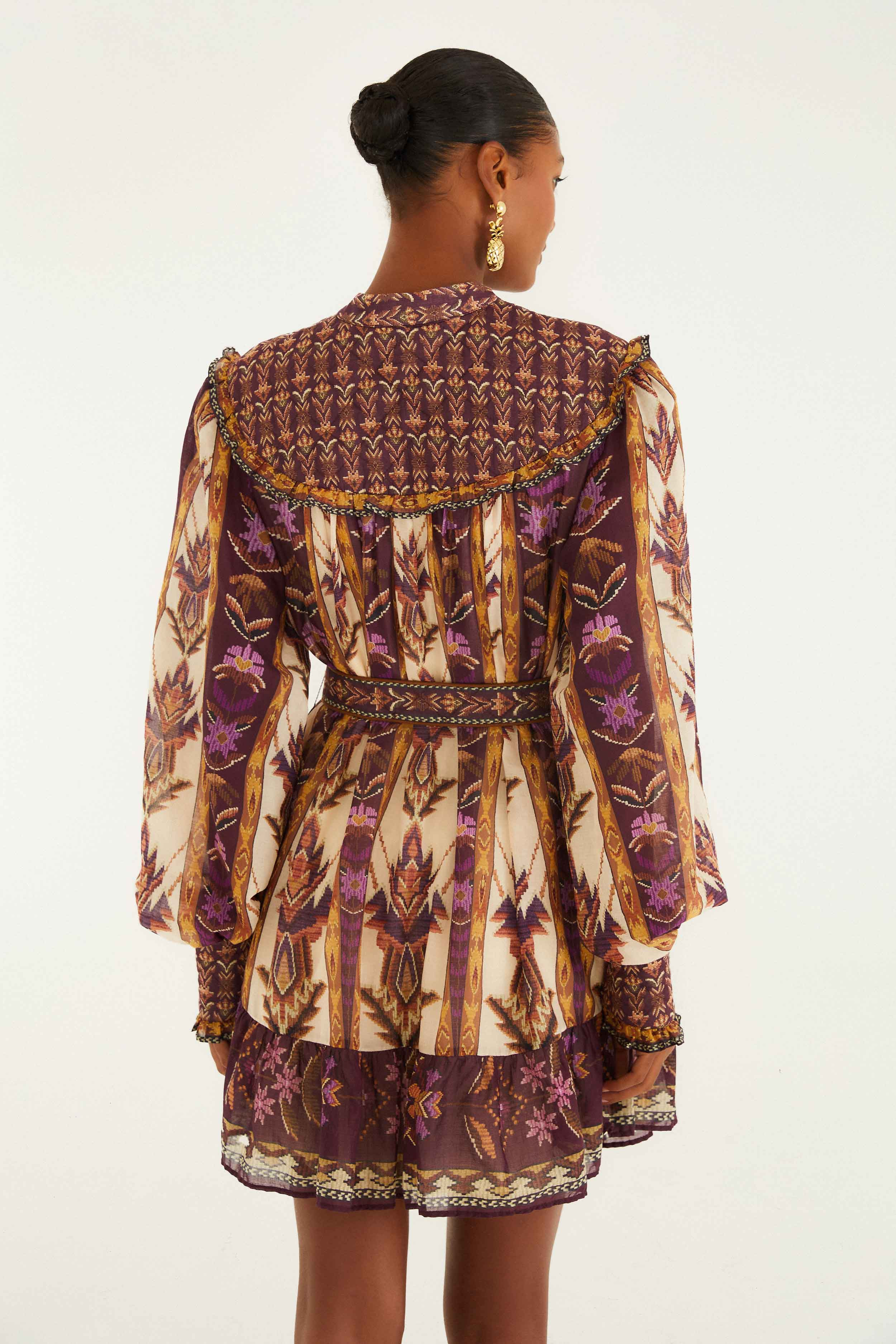 Sand Embroidered Tapestry Long Sleeve Mini Dress - 4