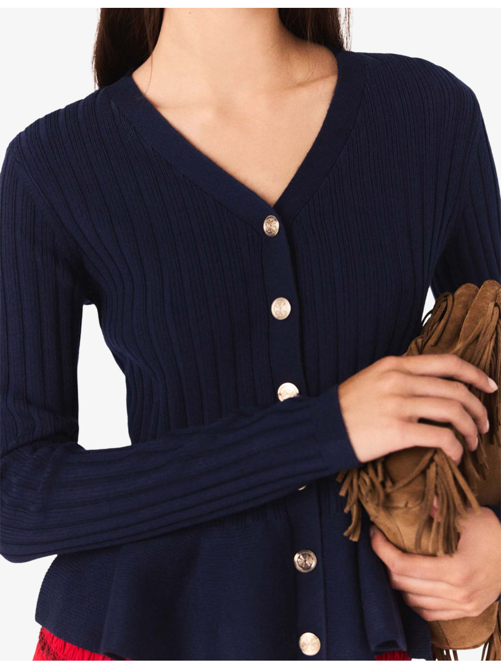 V-Neck Peplum-Waist Stretch-Knit Cardigan - 5
