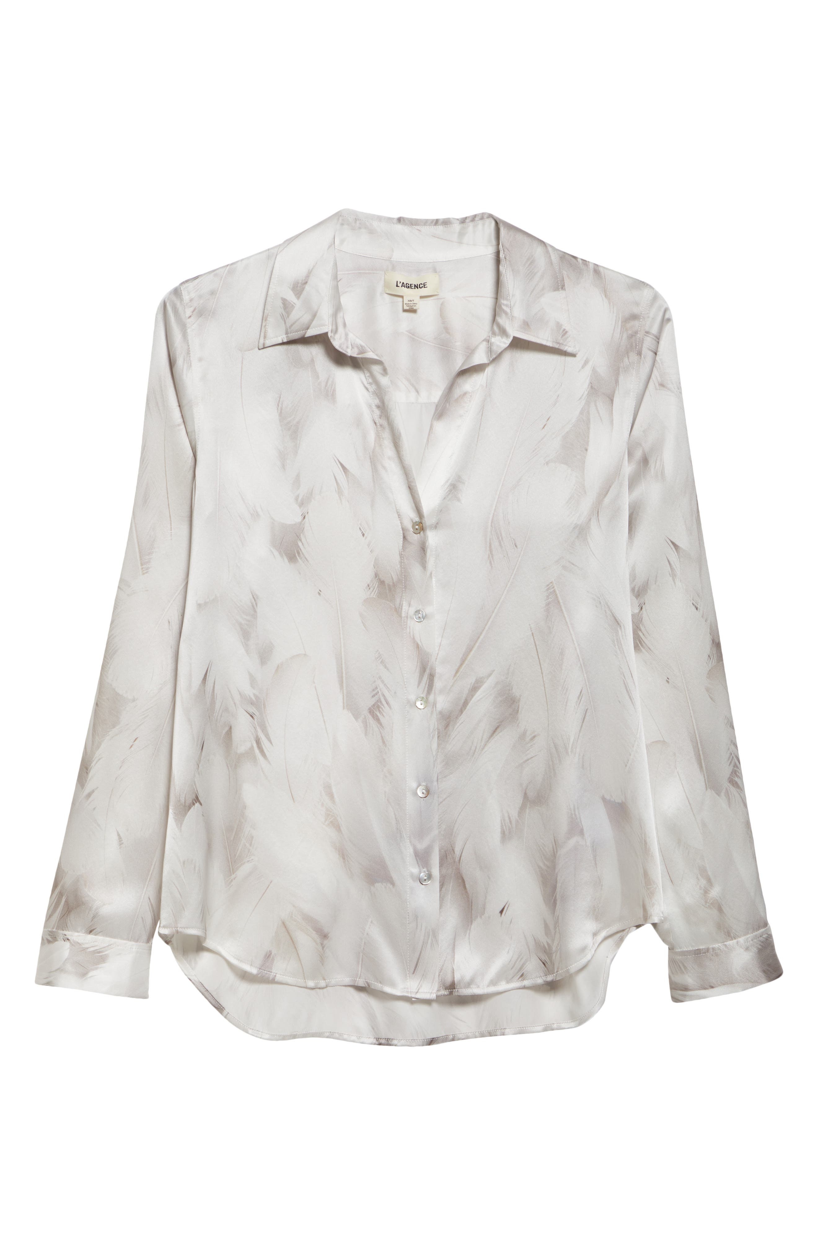 L'AGENCE Tyler Feather Print Silk Button-Up Shirt in White Feather Print at Nordstrom - 6