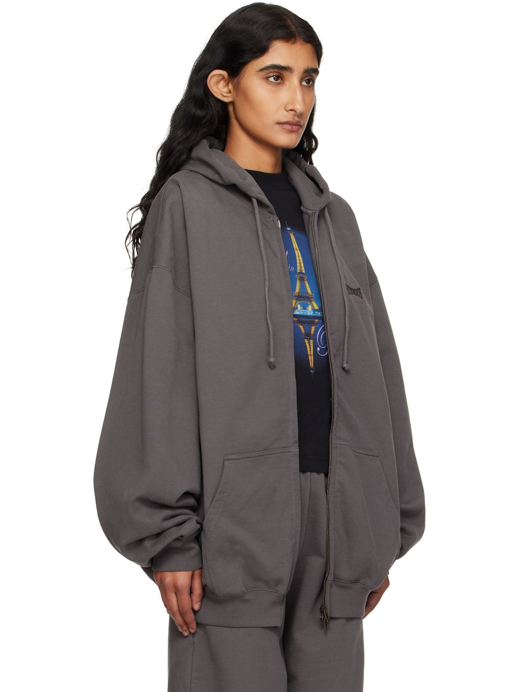 Gray Boxing Logo Oversized Zip-Up Hoodie - 2