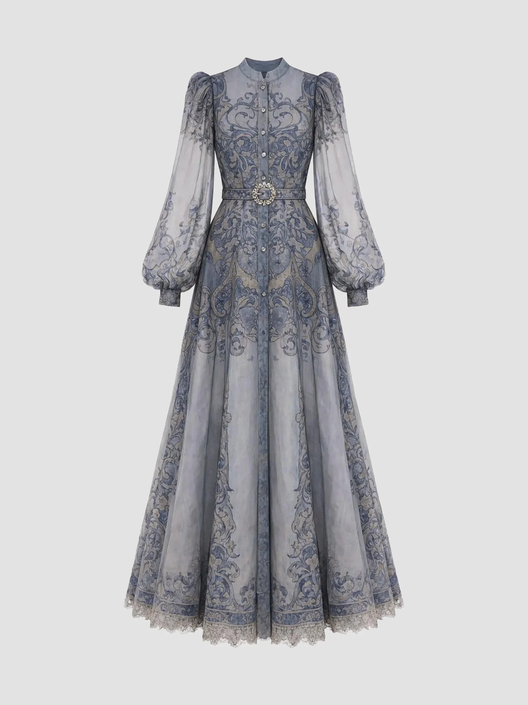 Women's Baroque Cotton A-Line Belted Midi-Dress - Slate Blue - 1
