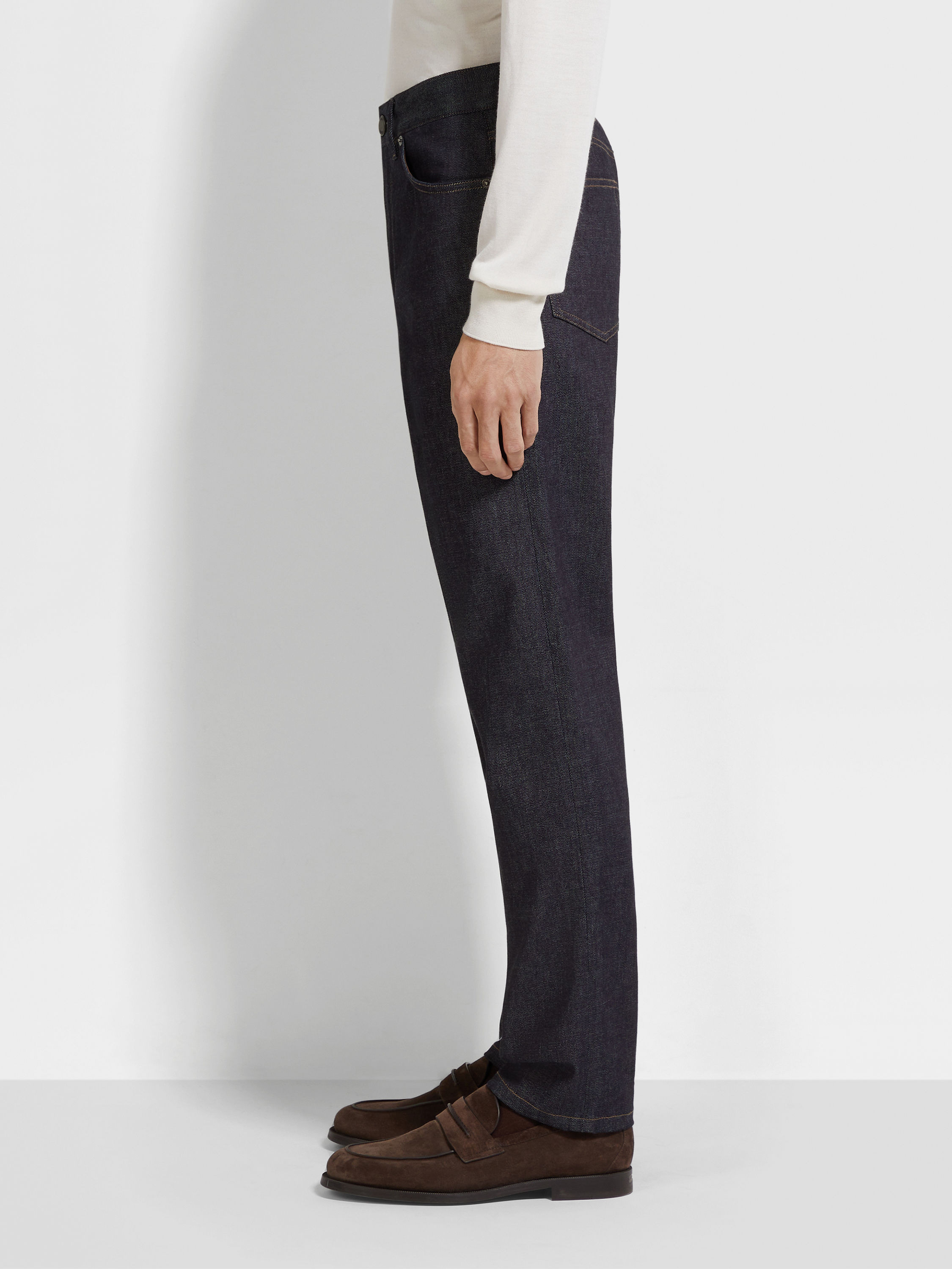 BLUE STRETCH COTTON AND CASHMERE ROCCIA JEANS - 4