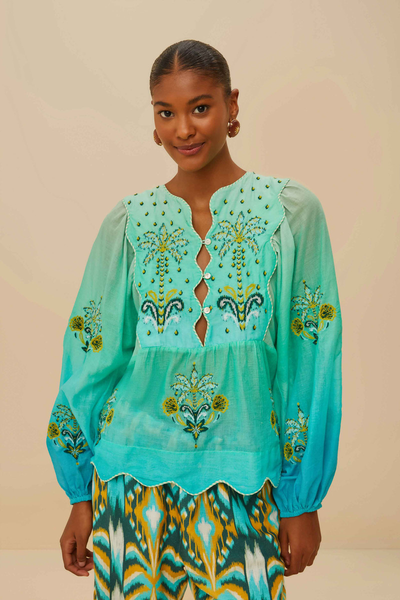 Turquoise Palm Tree Tapestry Blue Wavy Yoke Blouse 1