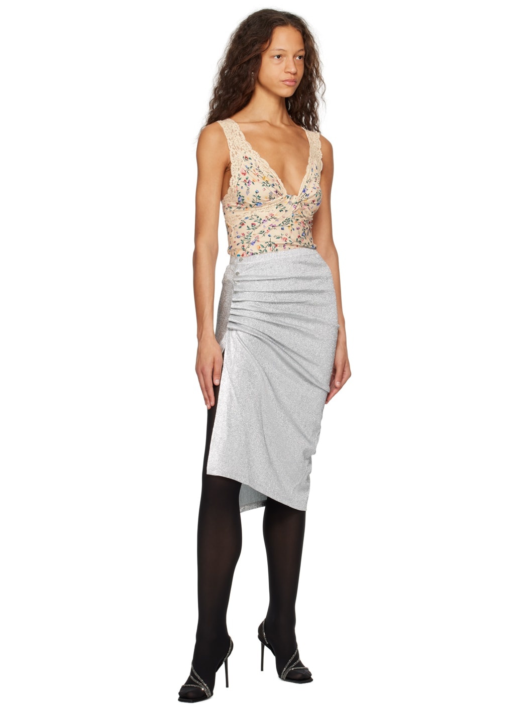 Silver Gathered Midi Skirt - 4
