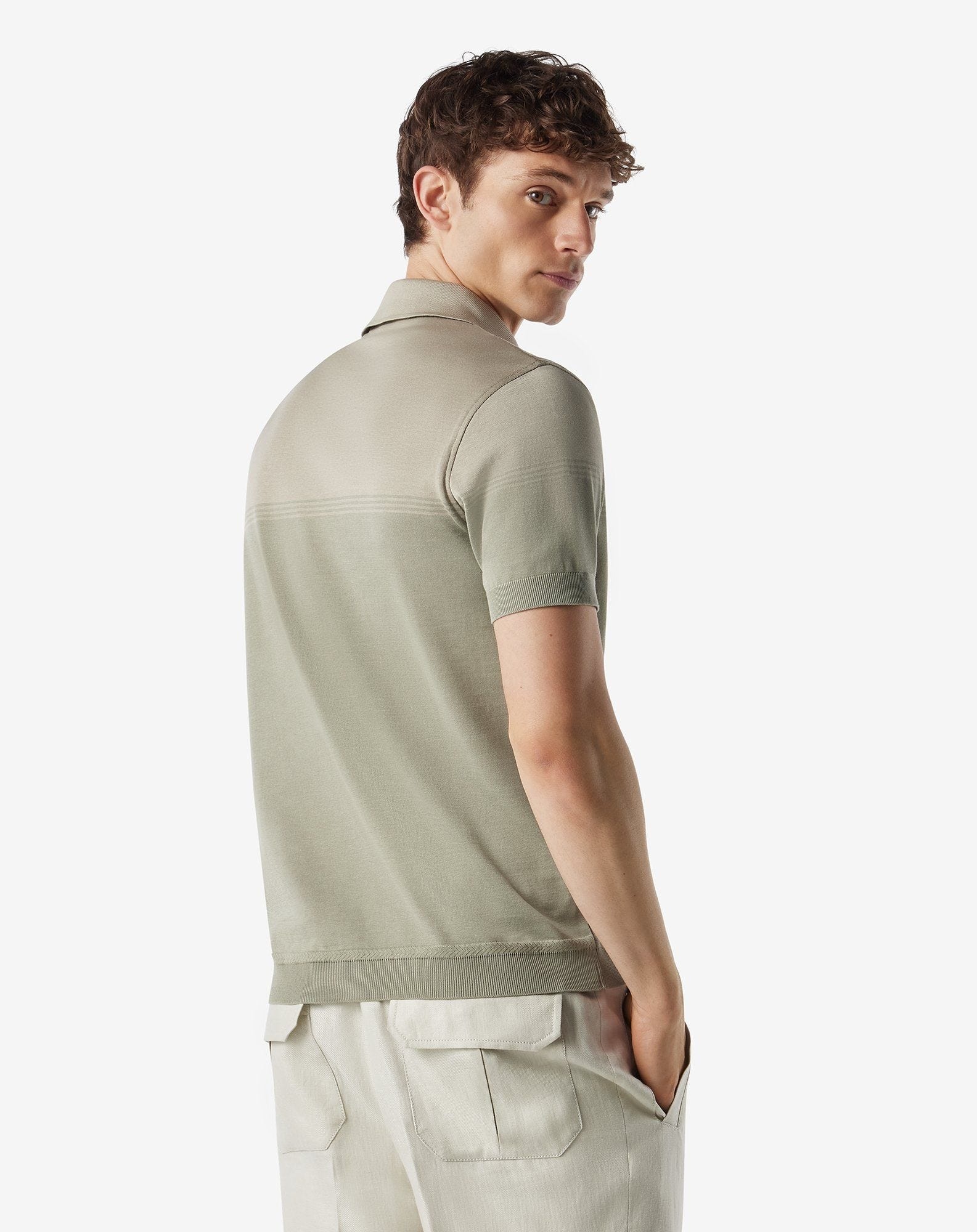 Beige/sage green button-up lisle thread polo shirt - 3