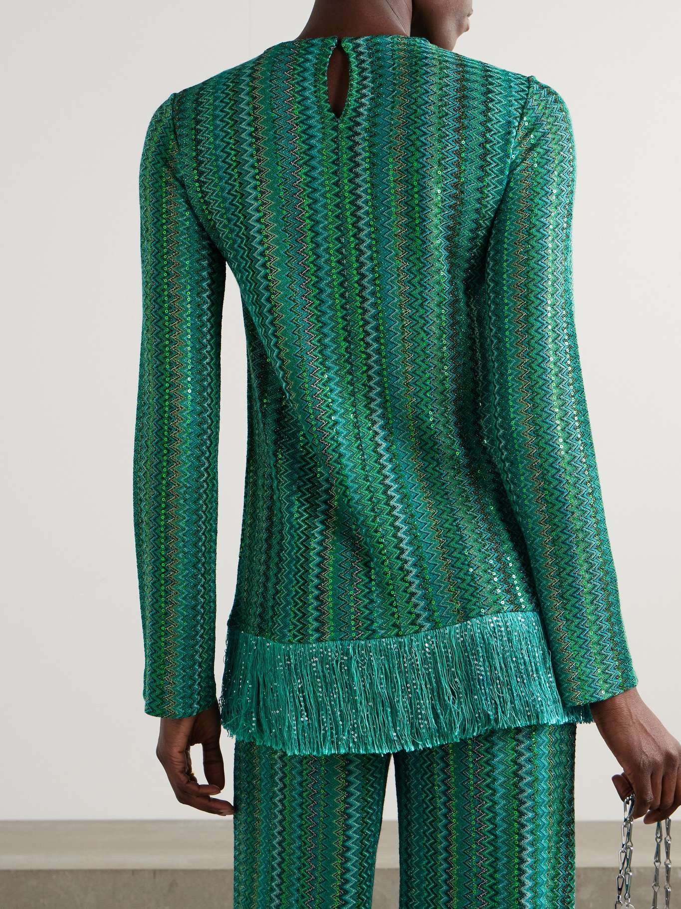 Fringed sequin-embellished metallic crochet-knit sweater Green - 3