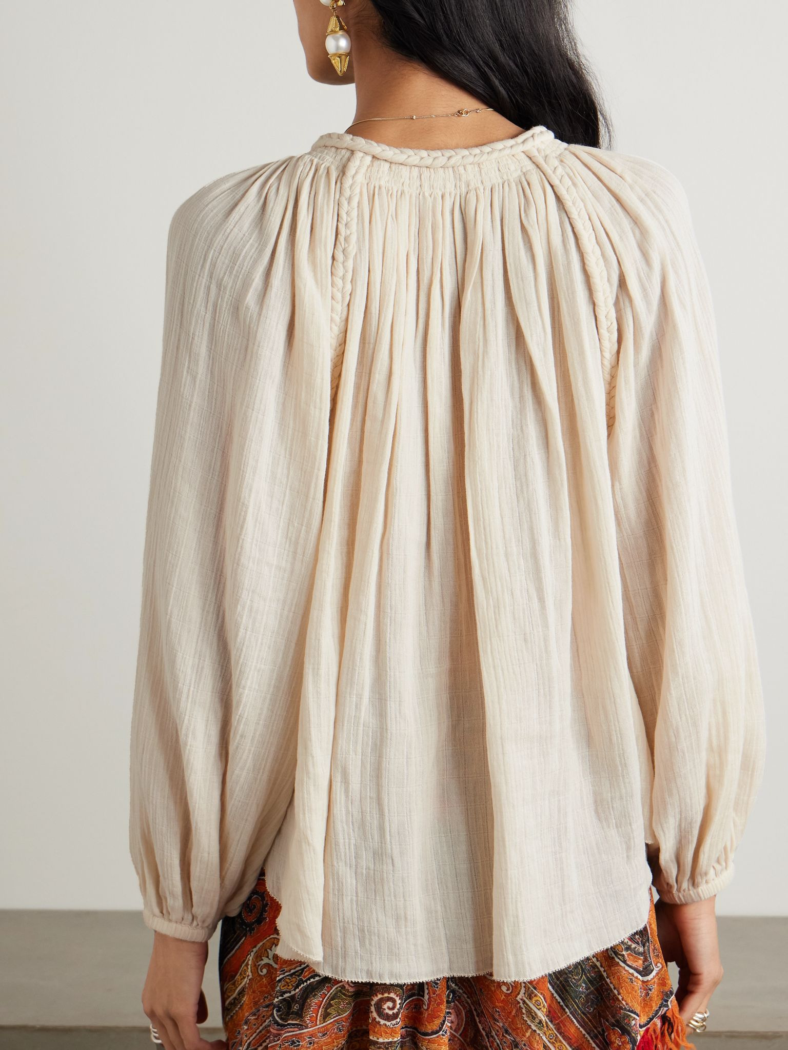 Jenna frayed braided gathered cotton-gauze blouse Beige - 4