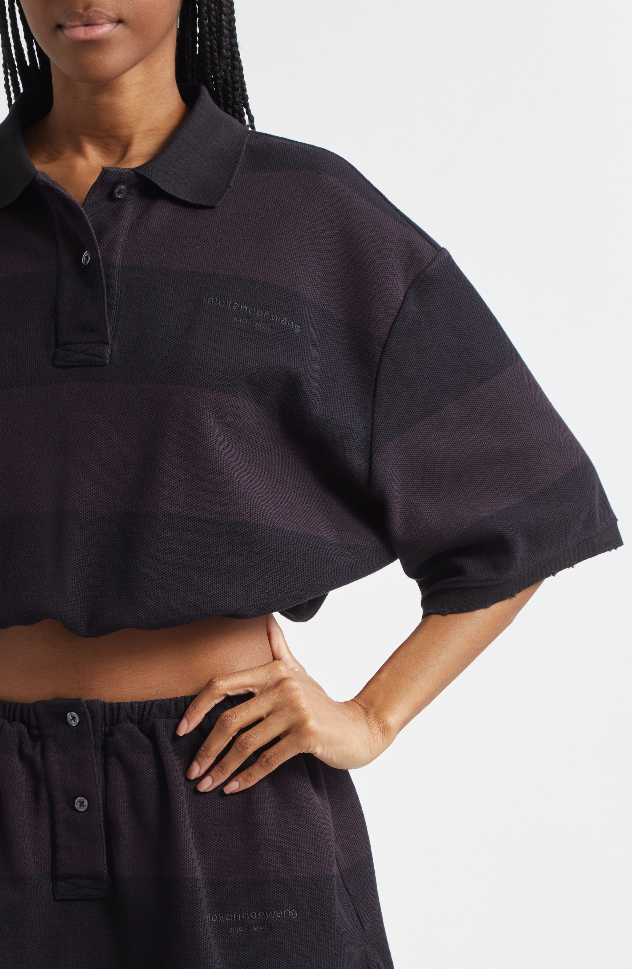 Alexander Wang Deconstructed Crop Piqué Polo in Black Overdyed Stripe at Nordstrom - 5