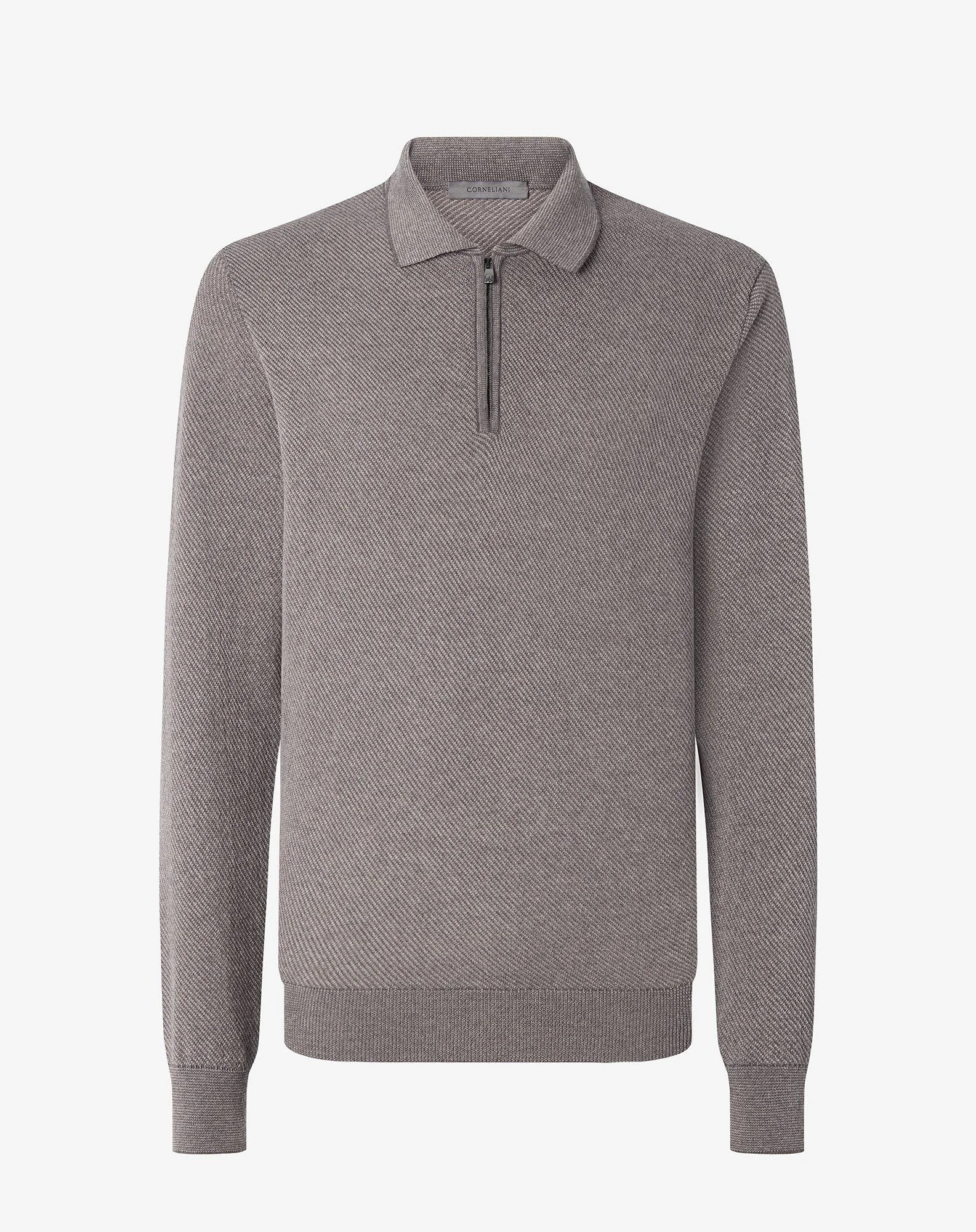 Grey/beige long-sleeved zip-up polo shirt made from pure extra fine wool - 1