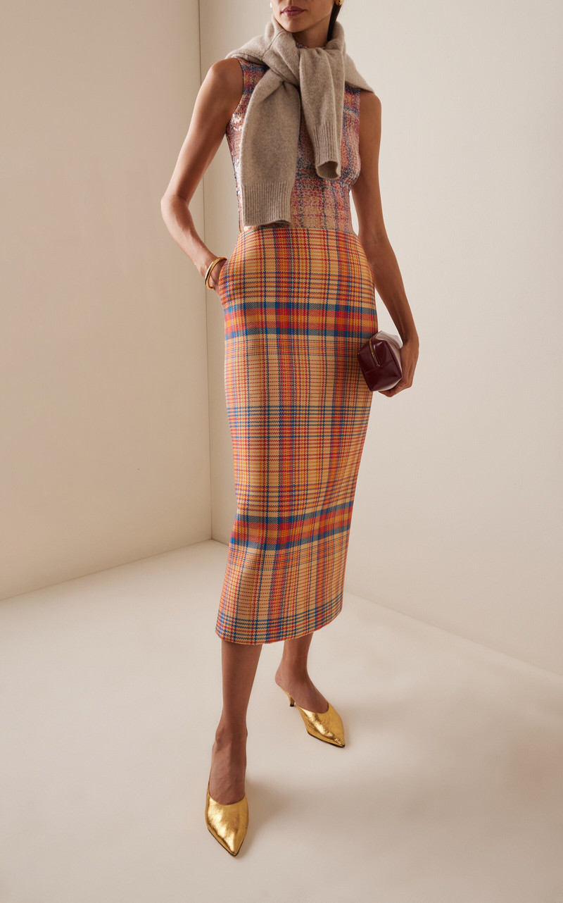 BRANDON MAXWELL The Mercer  Bonded Wool-Silk Mikado Pencil Midi Skirt plaid outlook