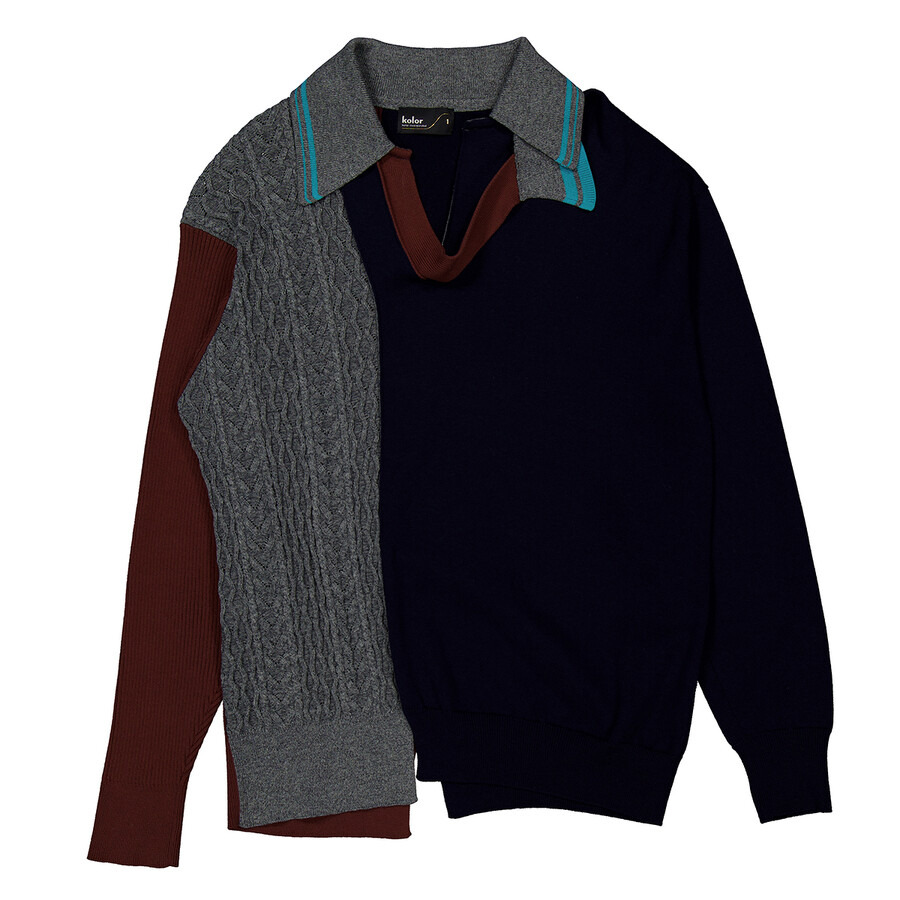 Kolor Men's Navy Patchwork Panelled-Knit Jumper - 4