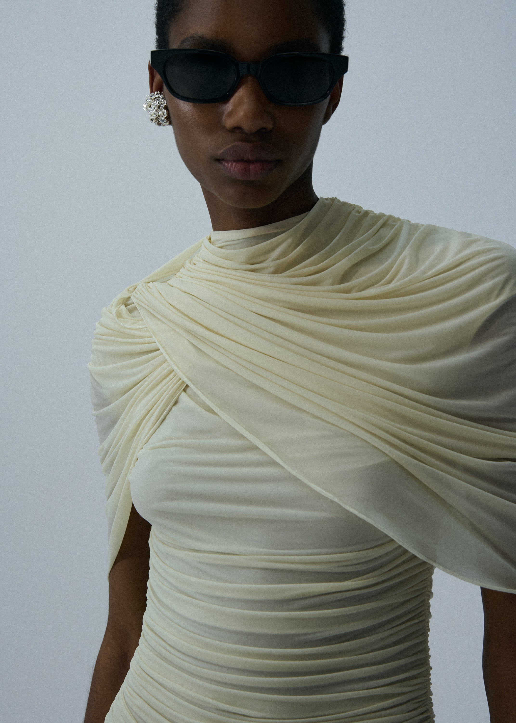 Drop-waist wrap mini dress in beige - 4