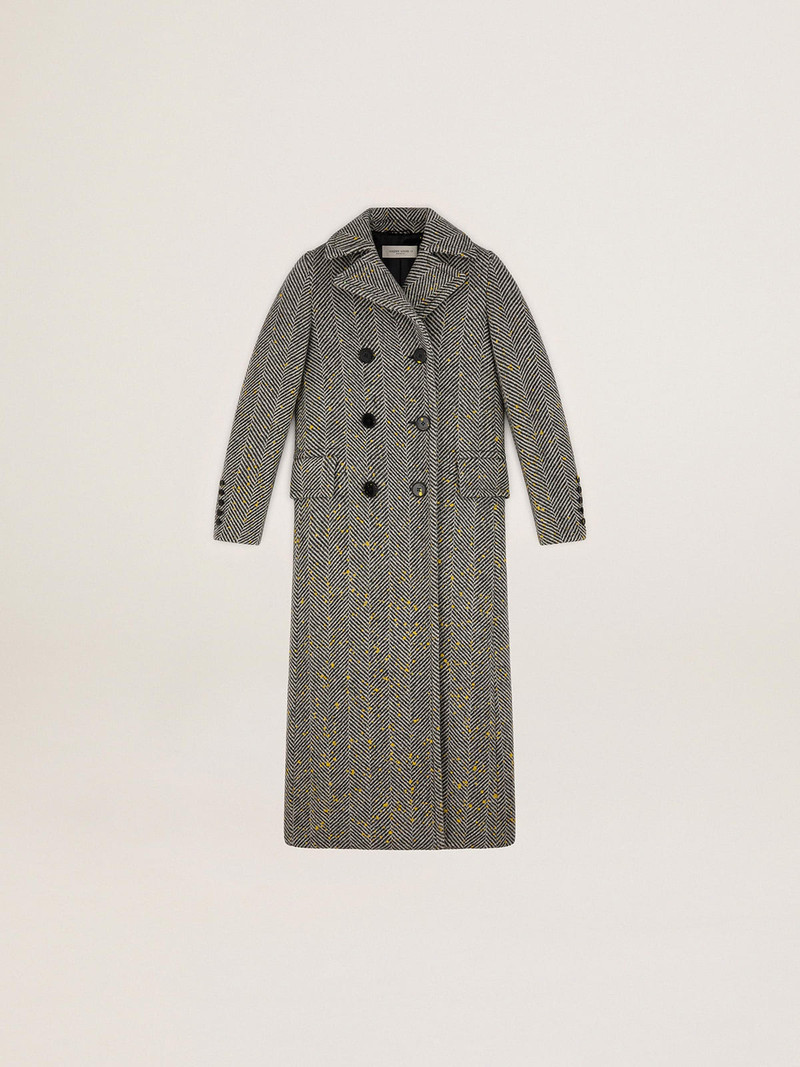 Women’s long herringbone coat with yellow details - 1