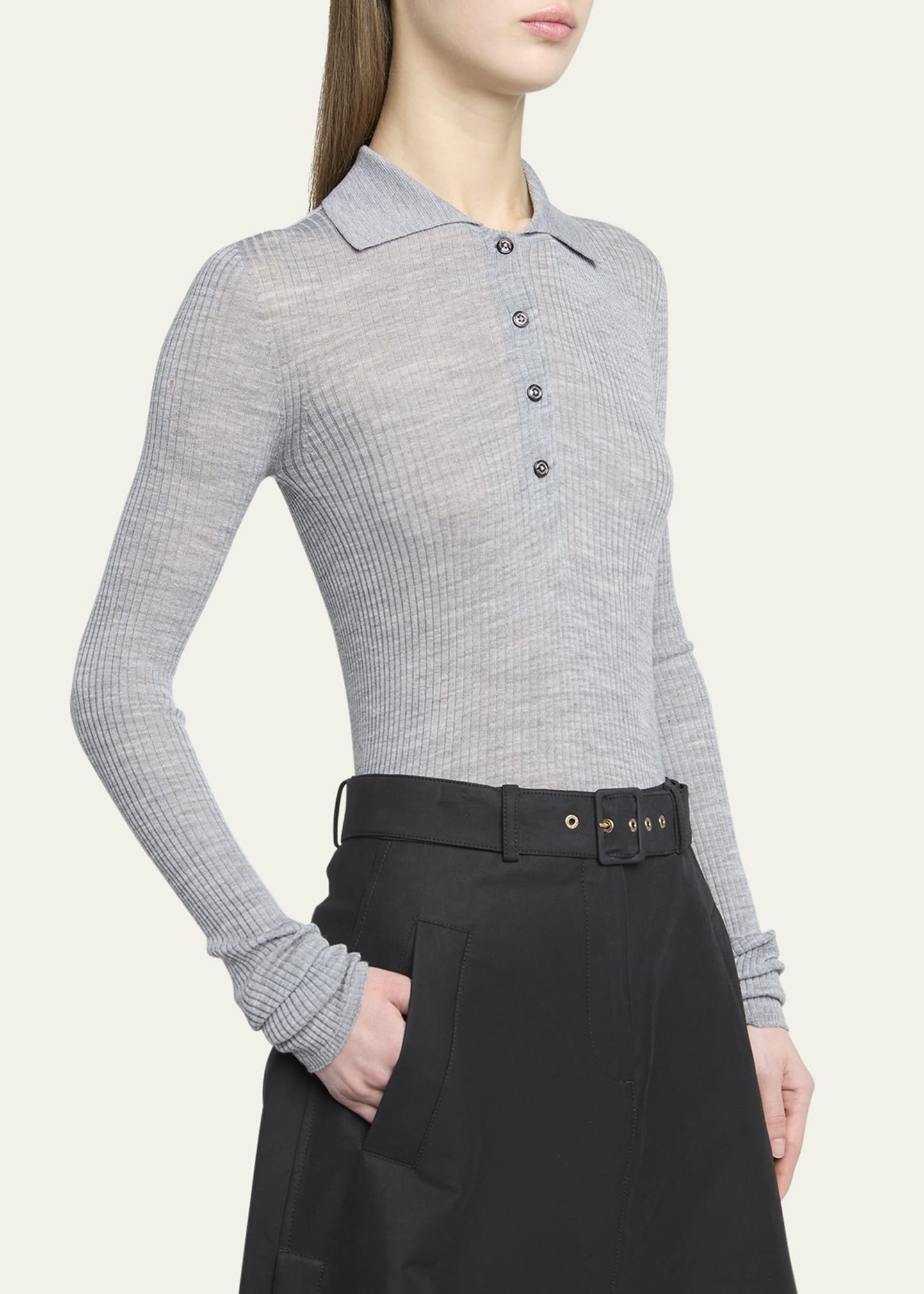 Long-Sleeve Fine Rib Polo Top - 4