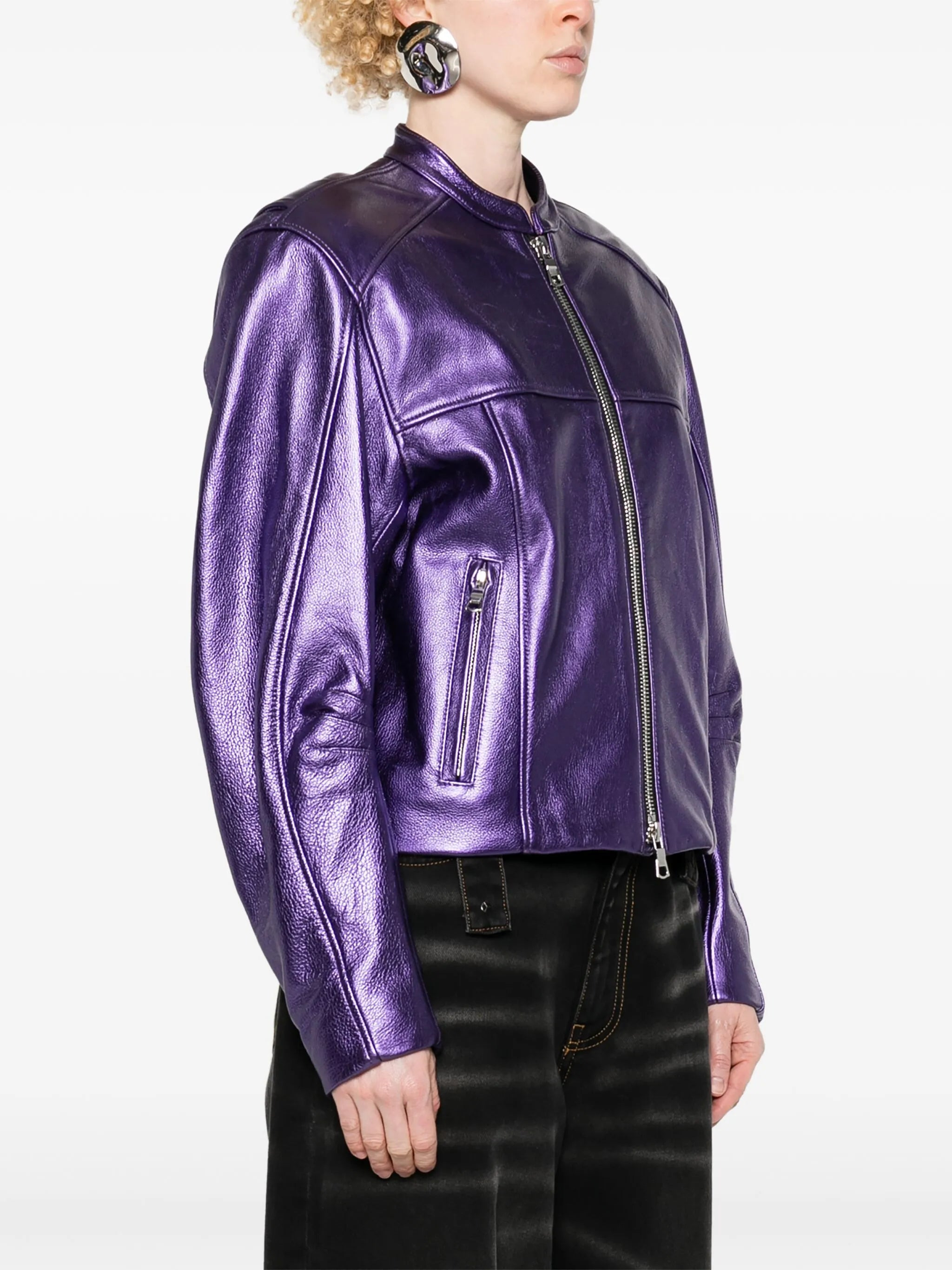Metallic Leather Bomber Jacket - 3