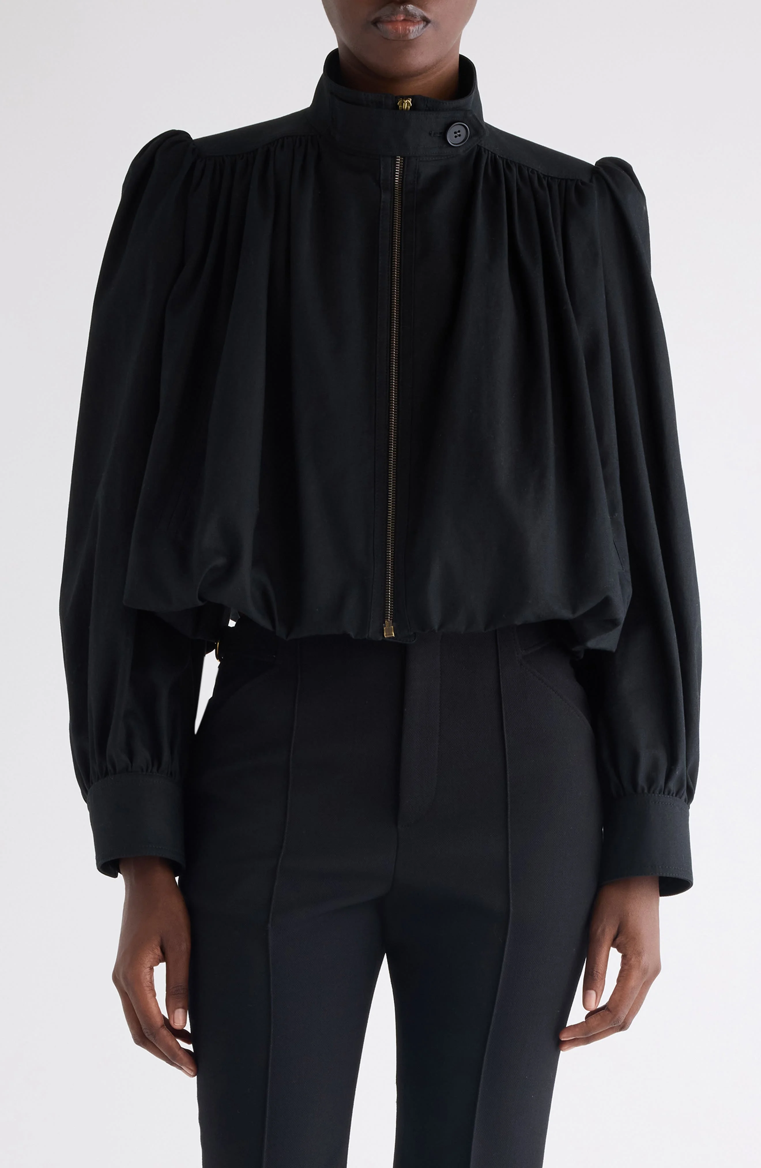Chloé Crop Balloon Hem Cotton Zip Jacket in Black at Nordstrom - 1