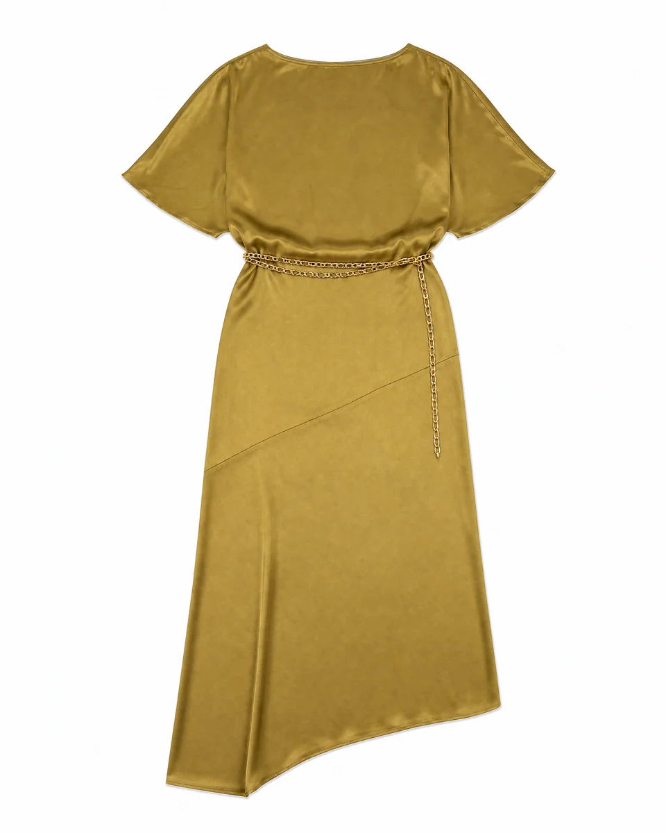 LONG SATIN DRESS WITH AN OLIVE-COLORED GOLD CHAIN - 1