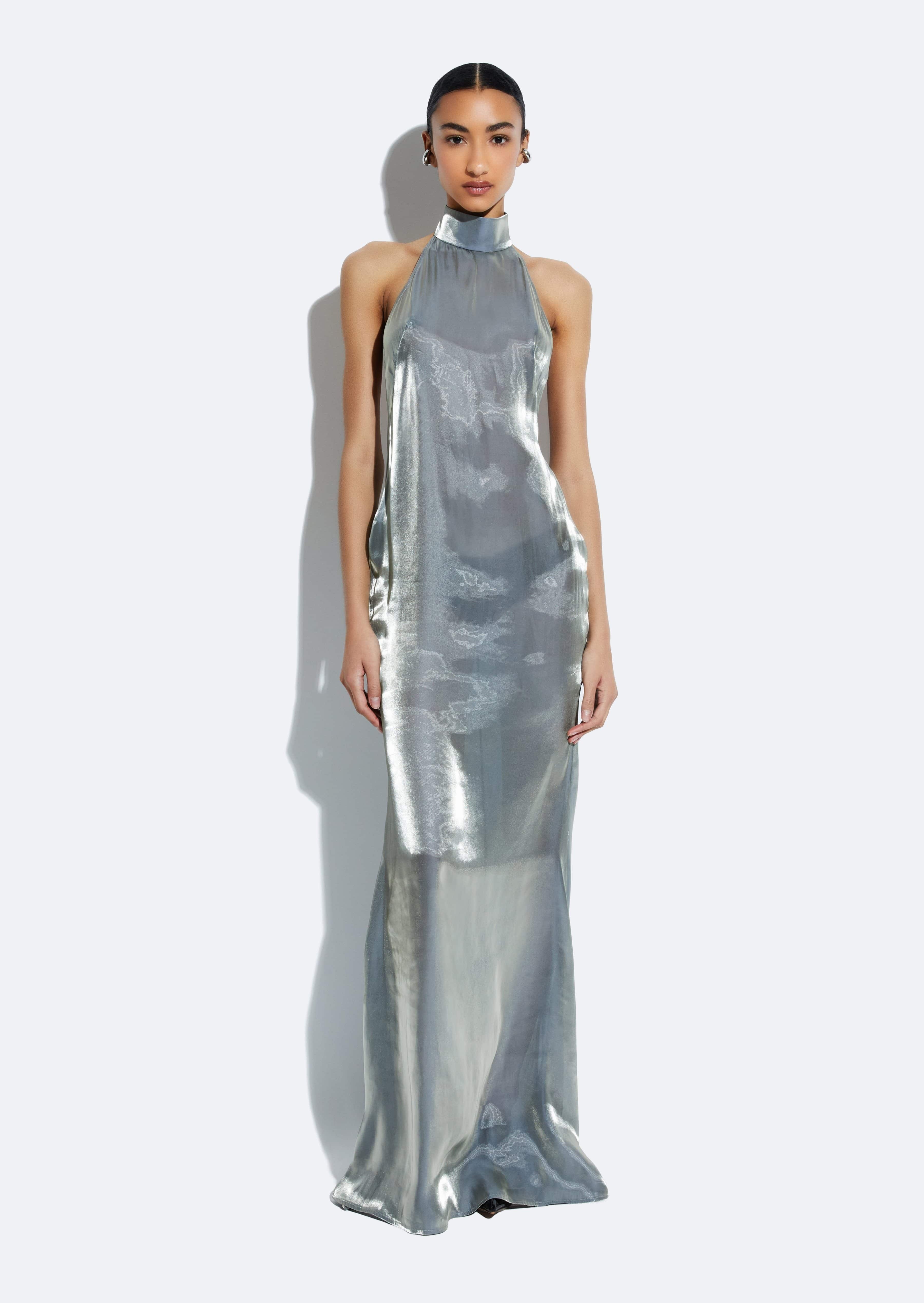 Metallic Organza Halter Open Back Gown - 2