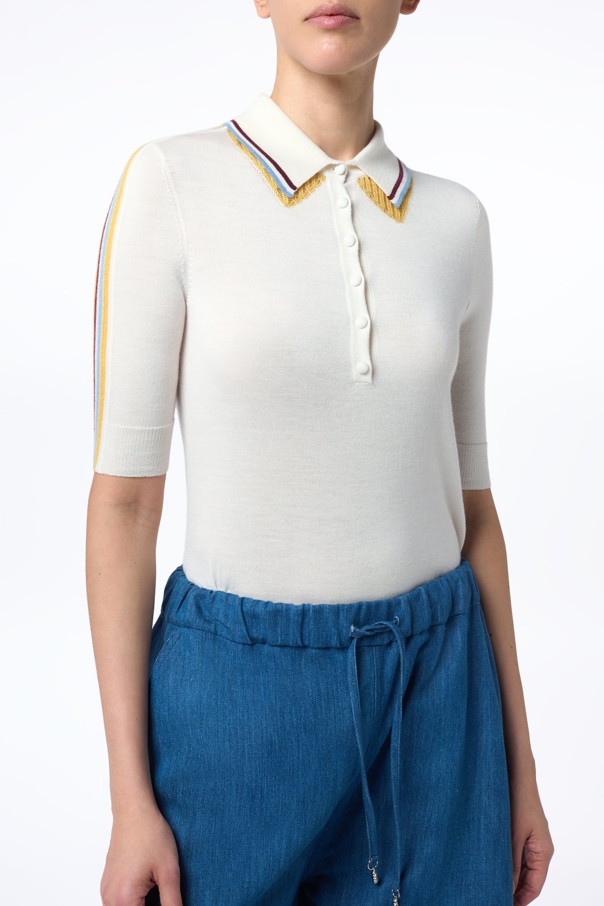 Wendelyn Knit Short Sleeve Polo In Ivory Multi Cashmere Silk - 5