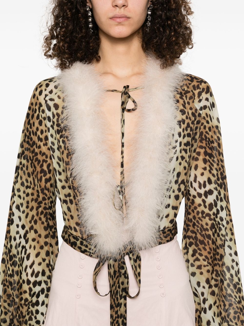 leopard-print feather-trim blouse - 5