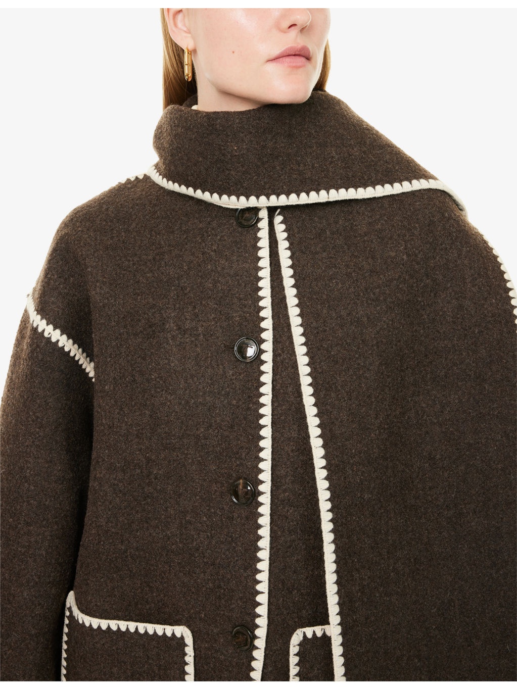 Embroidered-Trim Scarf Wool-Blend Jacket - 5