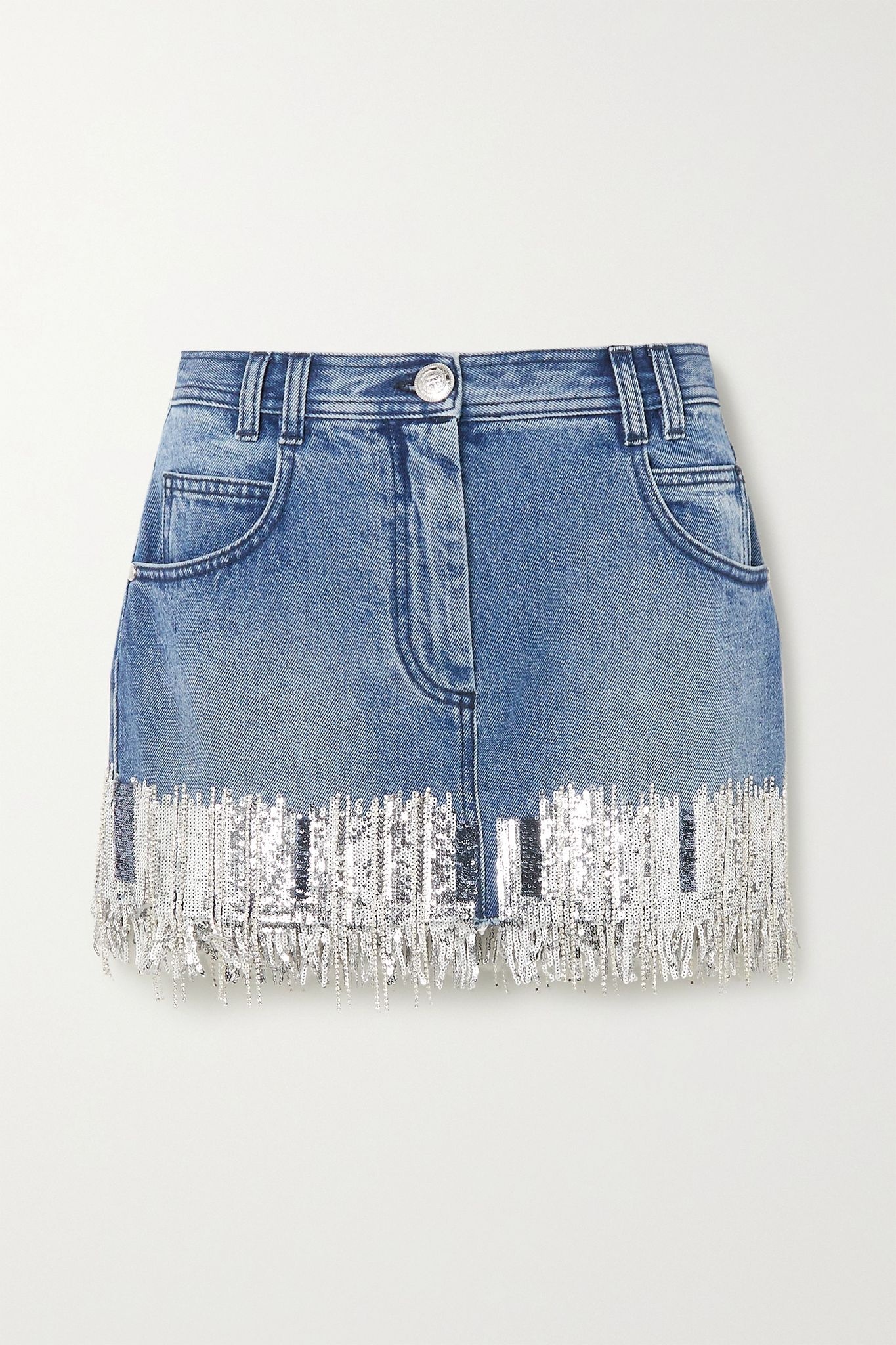 Fringed sequined denim mini skirt - 1