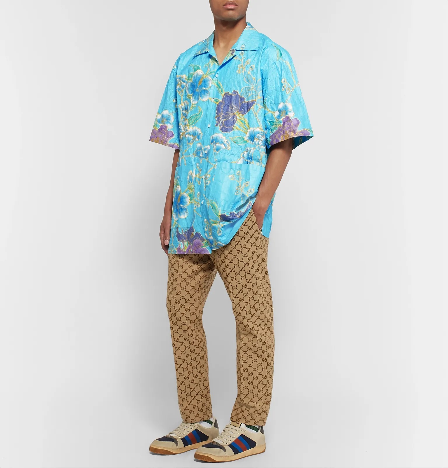 Oversized Camp-Collar Printed Paper-Effect Crinkled-Shell Shirt - 2