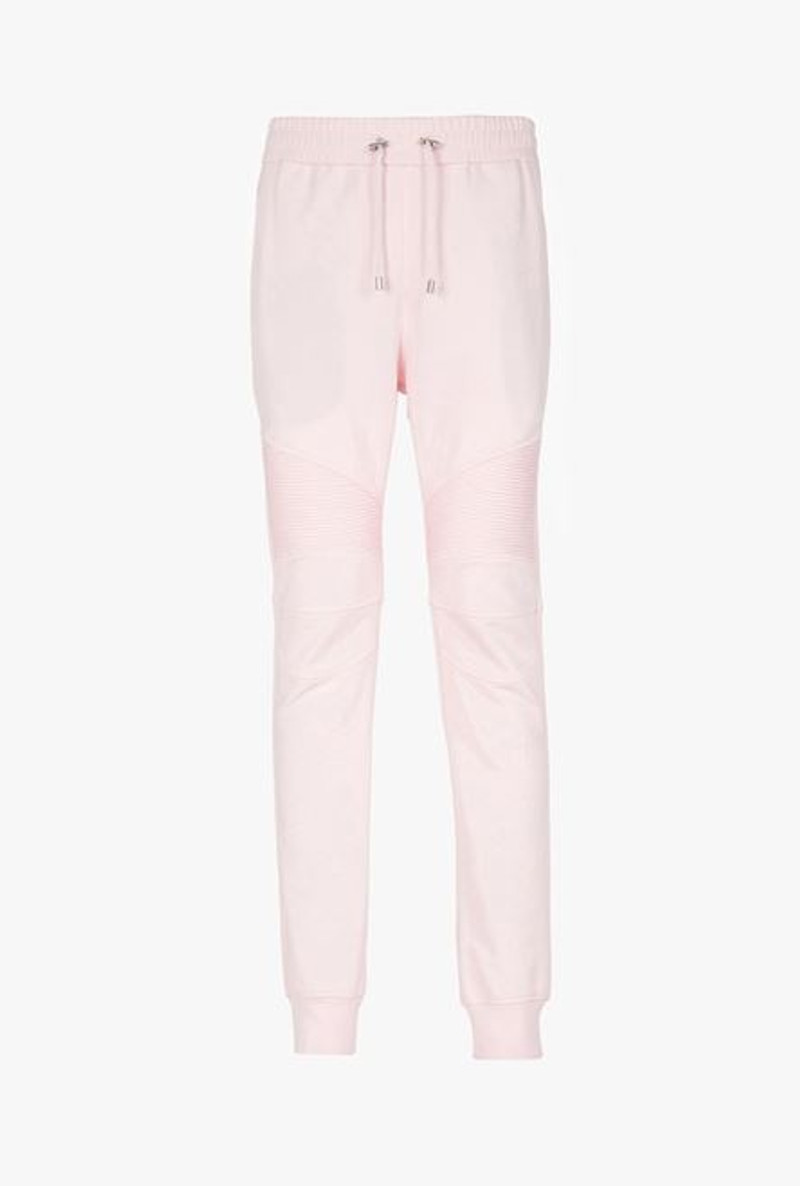 Pale pink eco-designed cotton sweatpants with silver-tone Balmain logo print 1