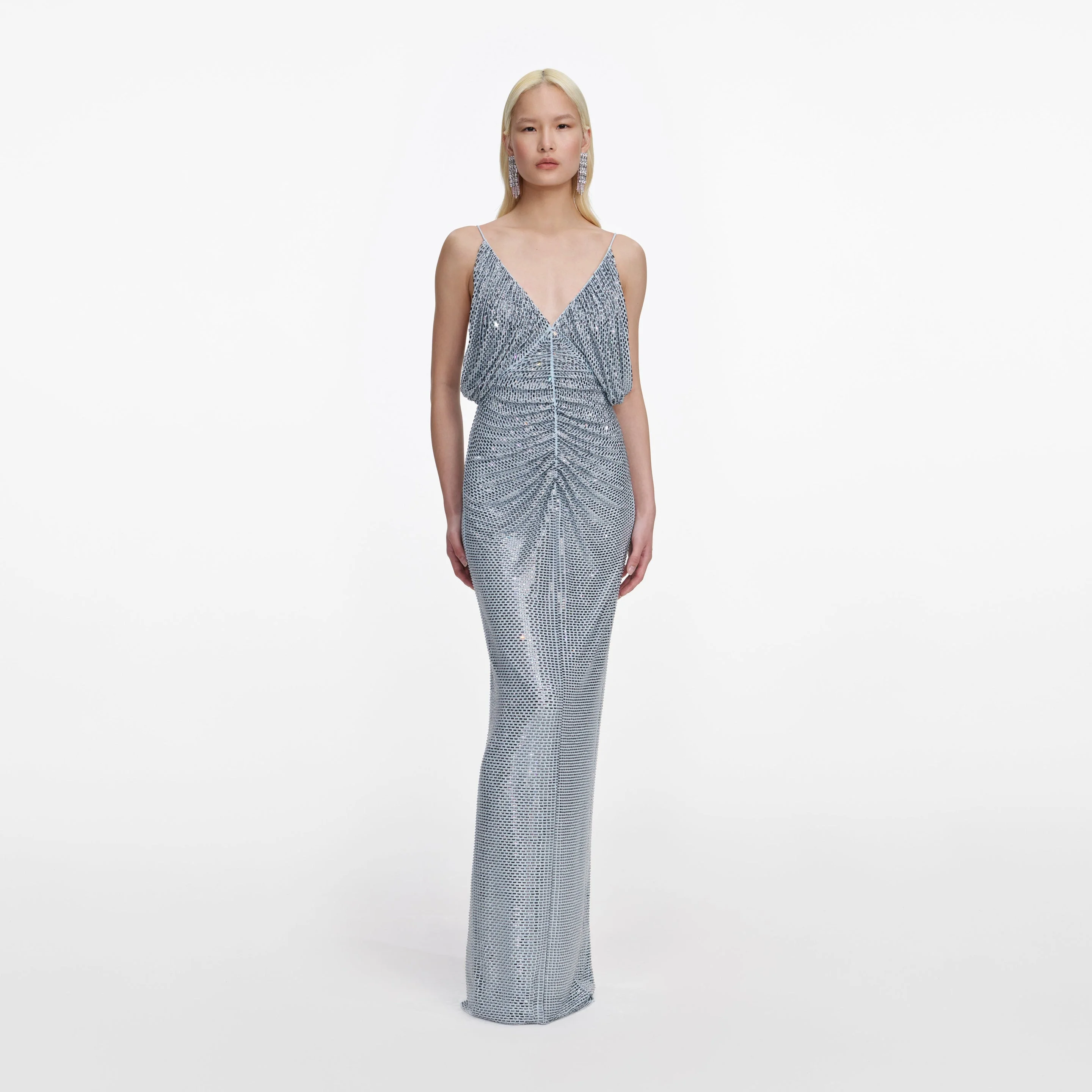 Blue Rhinestone Mesh Maxi Dress - 1