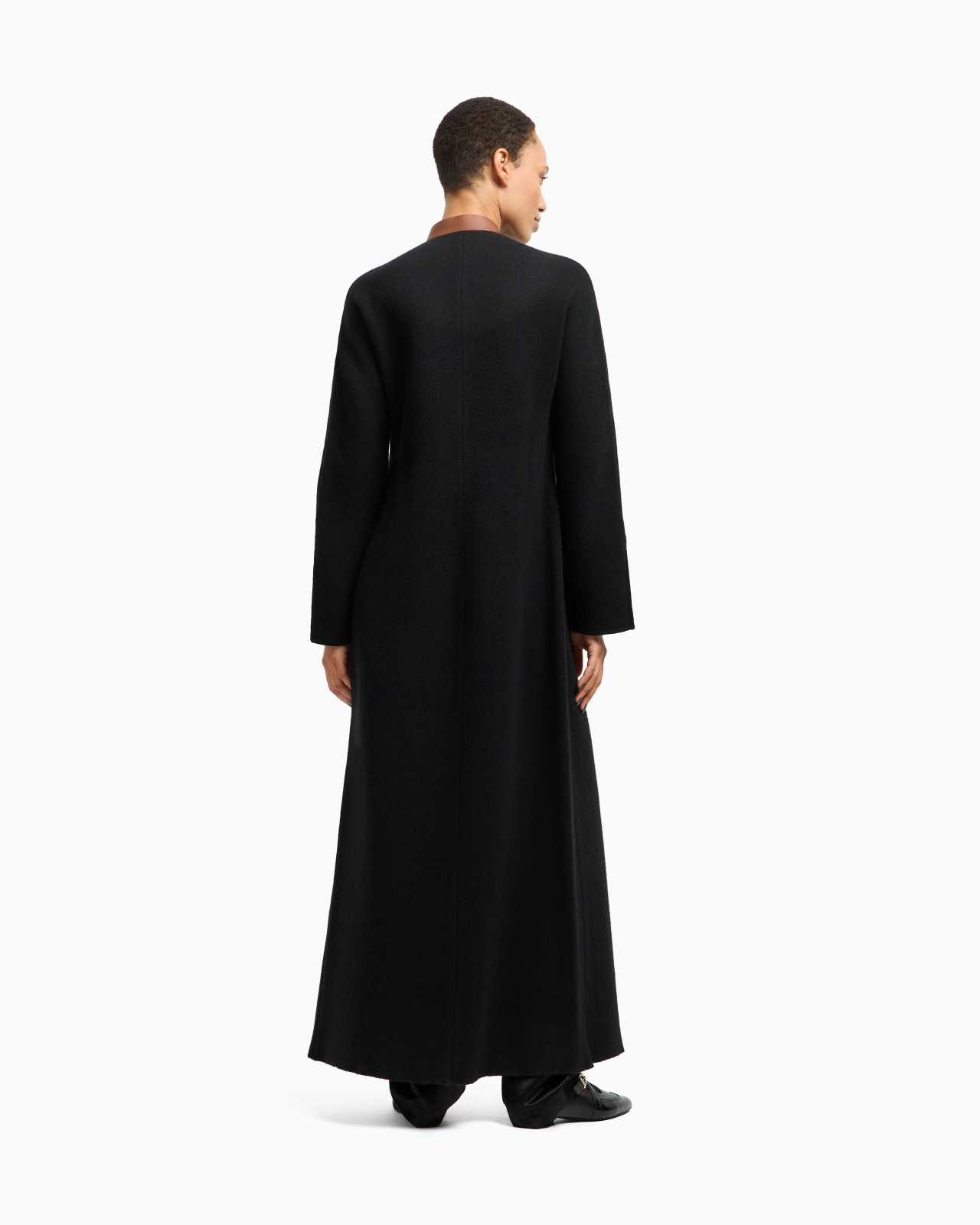 LONG COAT IN BONDED WOOL AND CASHMERE WITH LEATHER DETAILS - 3