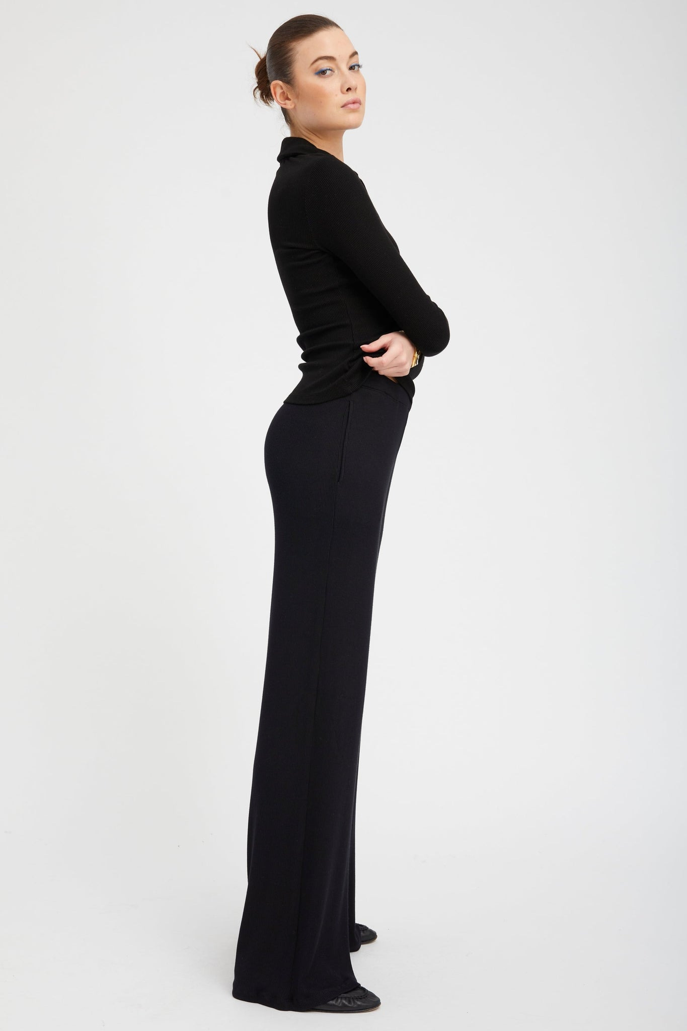 BLACK RIB WIDE LEG PANTS - 3