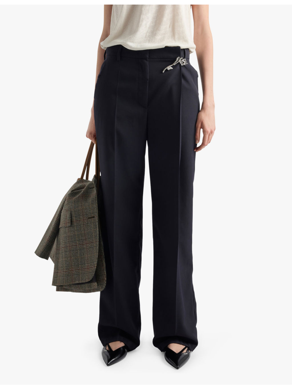 Old-wash brooch-embellished straight-leg mid-rise wool trousers - 5