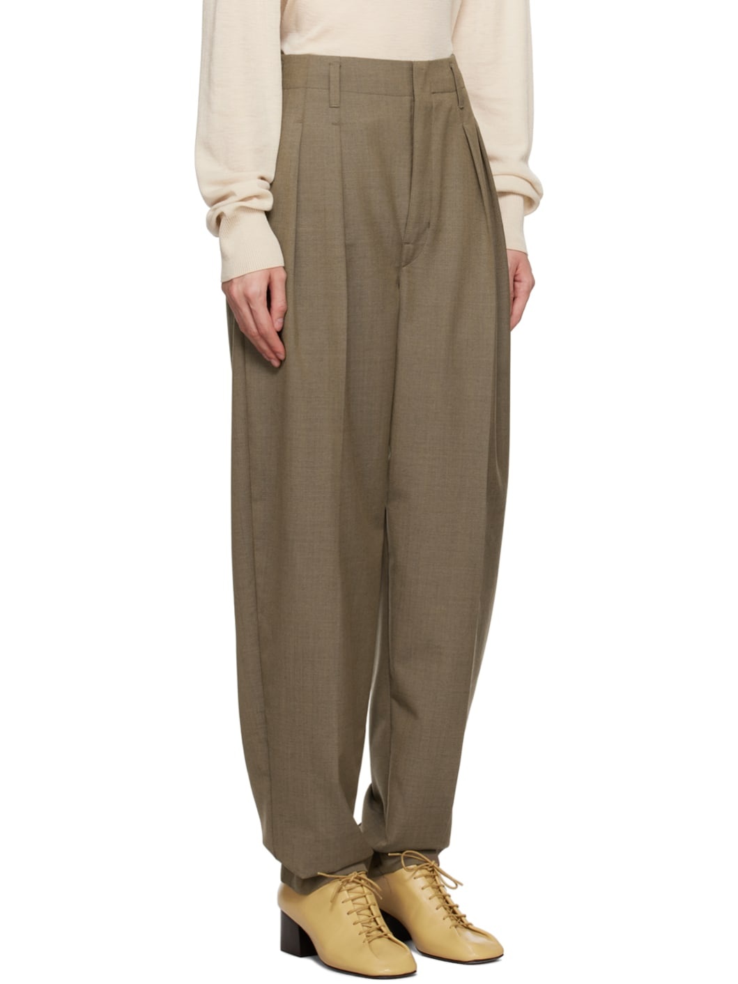 Taupe Pleated Tapered Trousers - 2