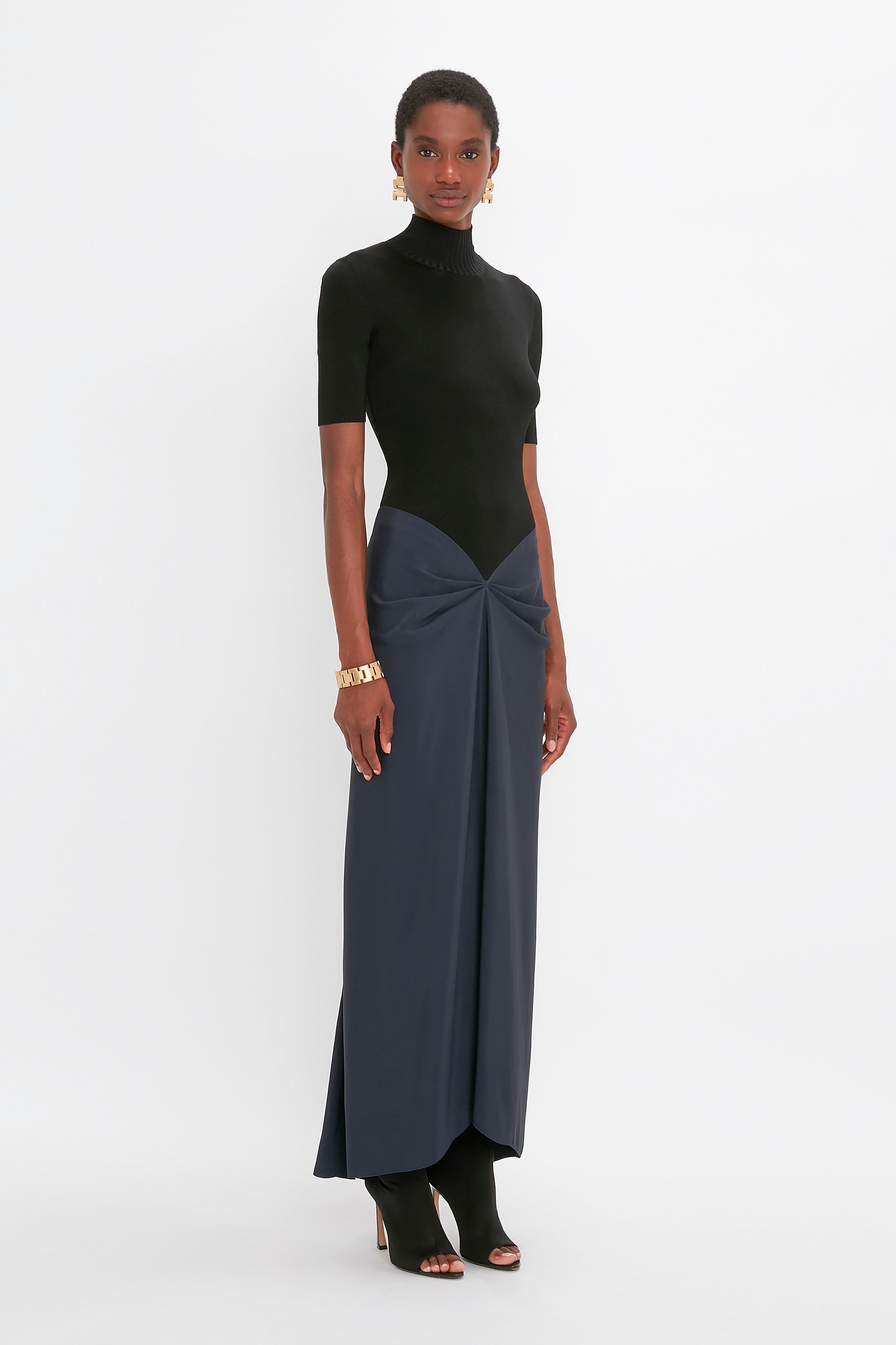 Polo Neck Gathered Dress In Midnight - 3