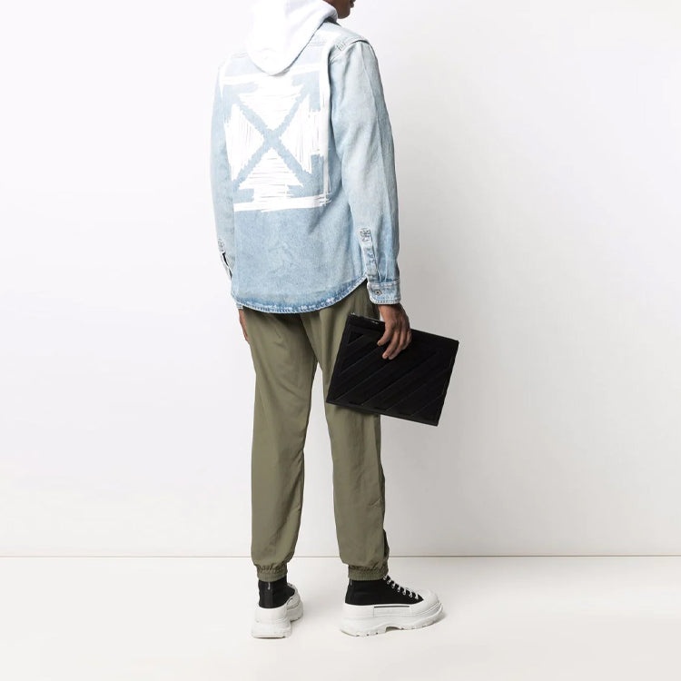 Men's Off-White SS21 Lapel Buckle Long Sleeves Blue Shirt OMYD027F21DEN0034001 - 3