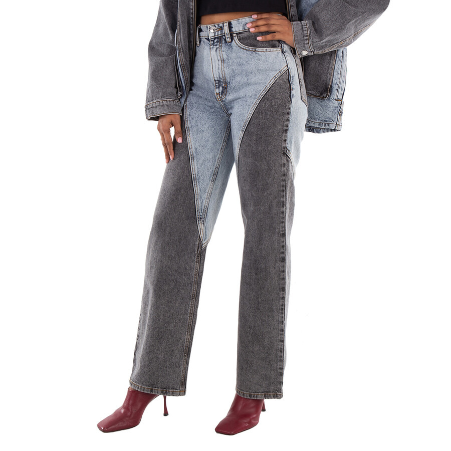 Rotate Ladies Medium Blue Denim Straight Patchwork Jeans - 3