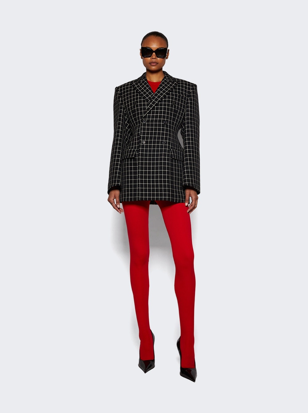 Double Breasted Contour Blazer Black Plaid - 2