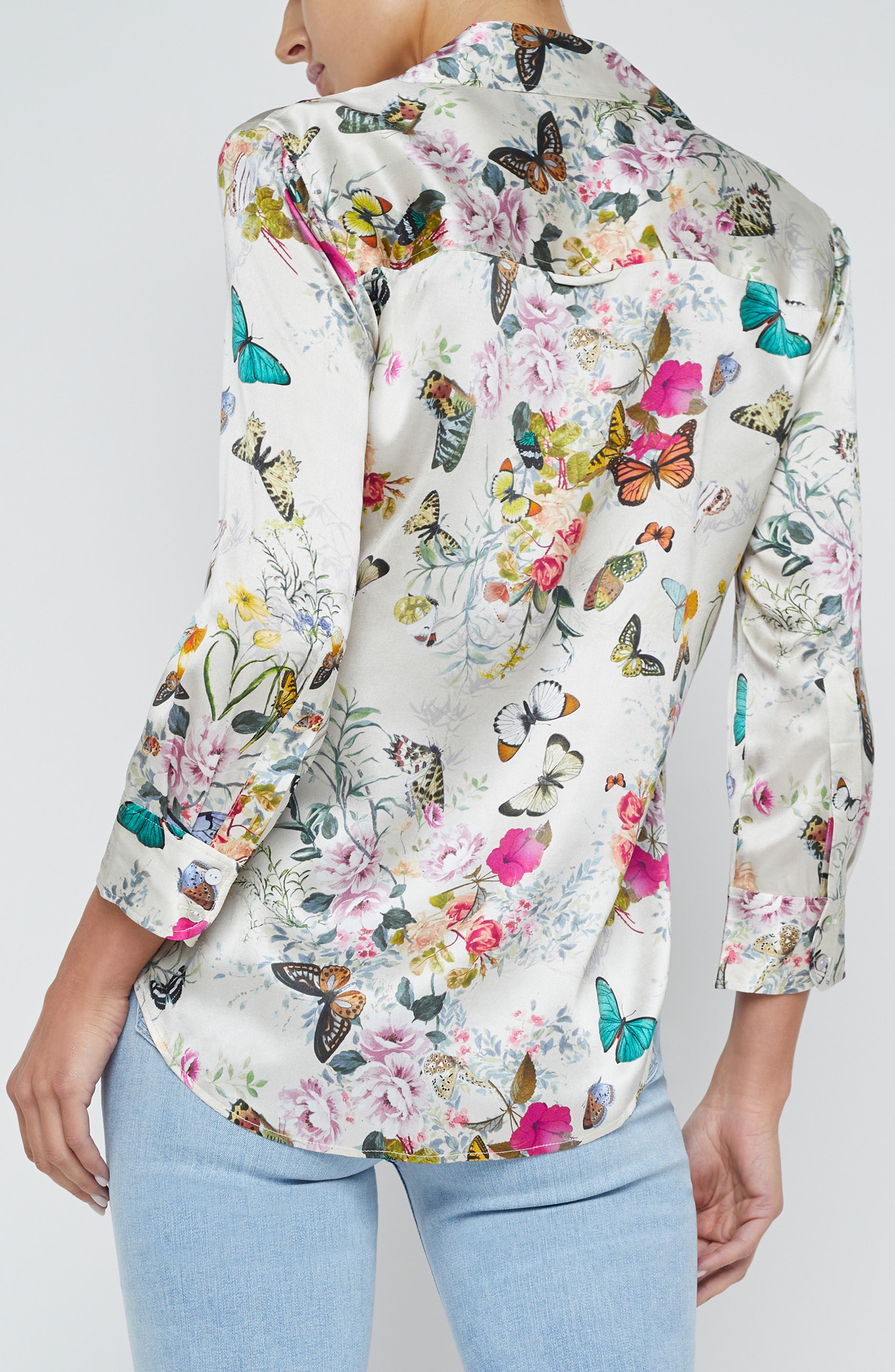 L'AGENCE Dani Butterfly Print Silk Button-Up Shirt in White Multi Charonda Butterfly at Nordstrom - 2