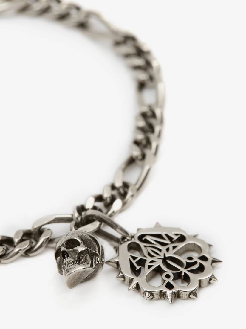 Studded Seal And Skull Chain Bracelet in Antique Silver - 2