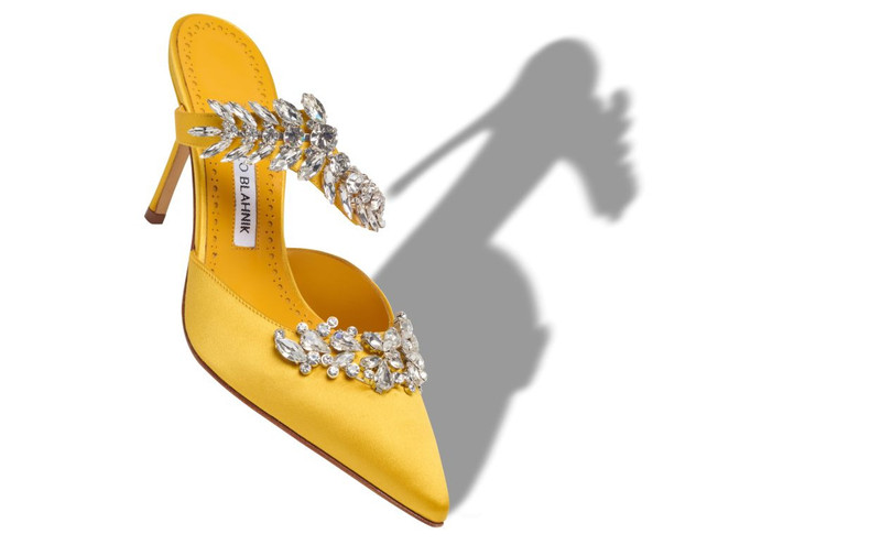 Manolo Blahnik Yellow Satin Crystal Embellished Mules outlook