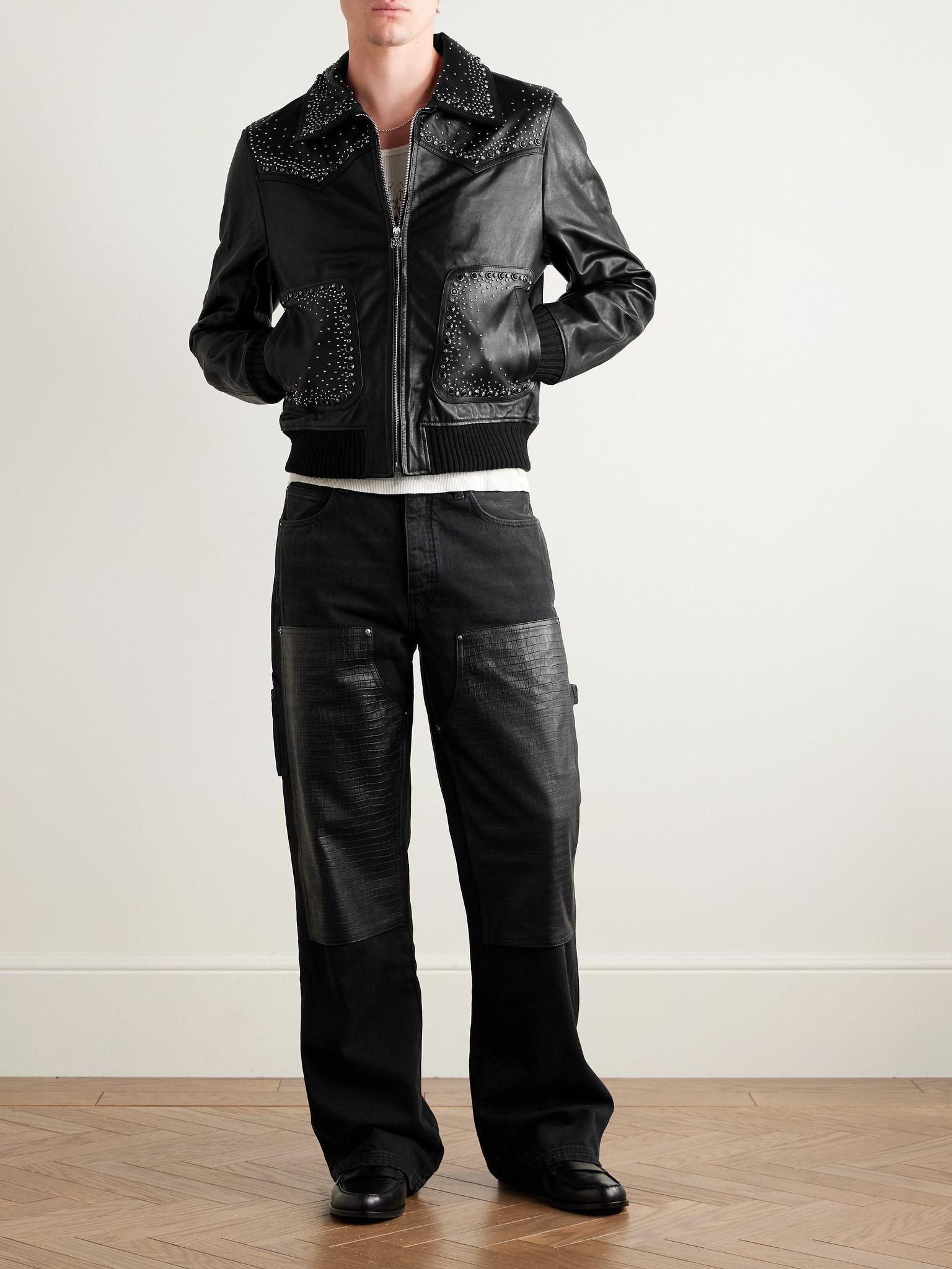 Embellished Leather Western Bomber Jacket Black - 2