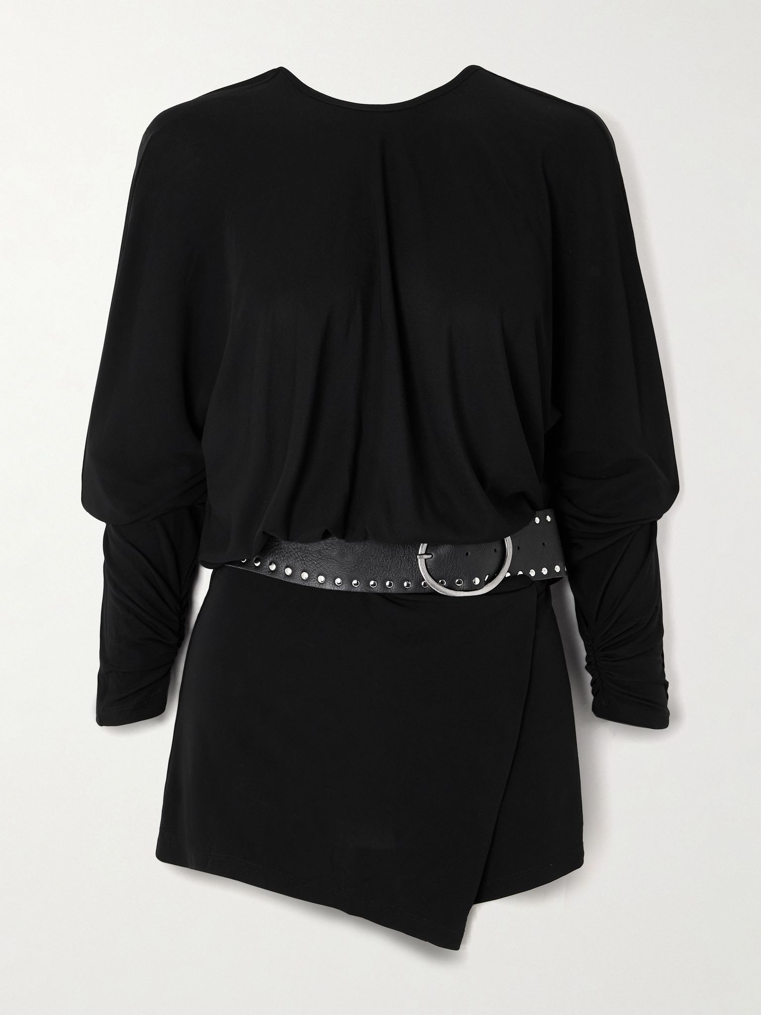 Belted open-back jersey mini dress Black - 1