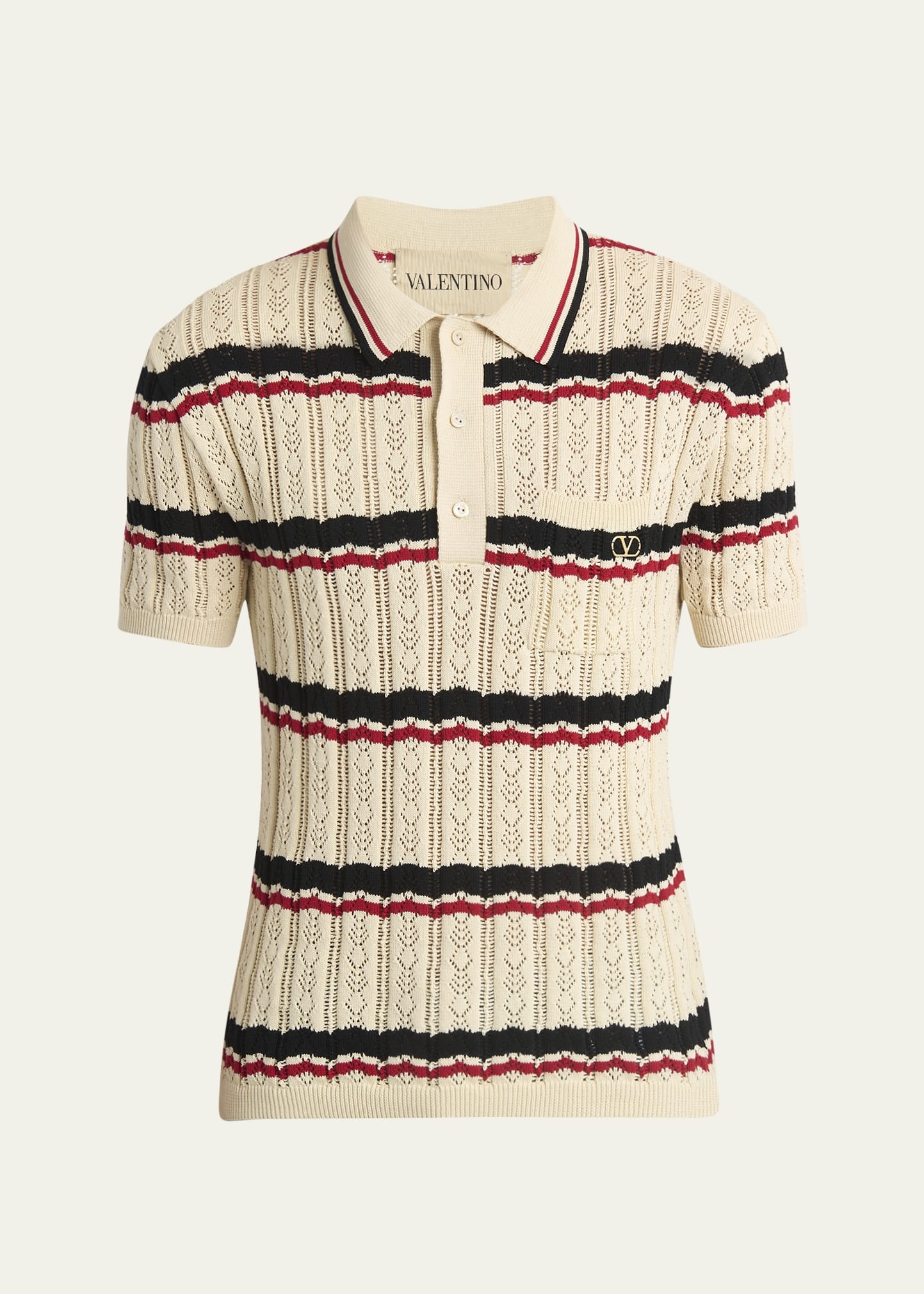 Men's Stripe Cotton Eyelet VLogo-Pocket Polo Shirt - 1