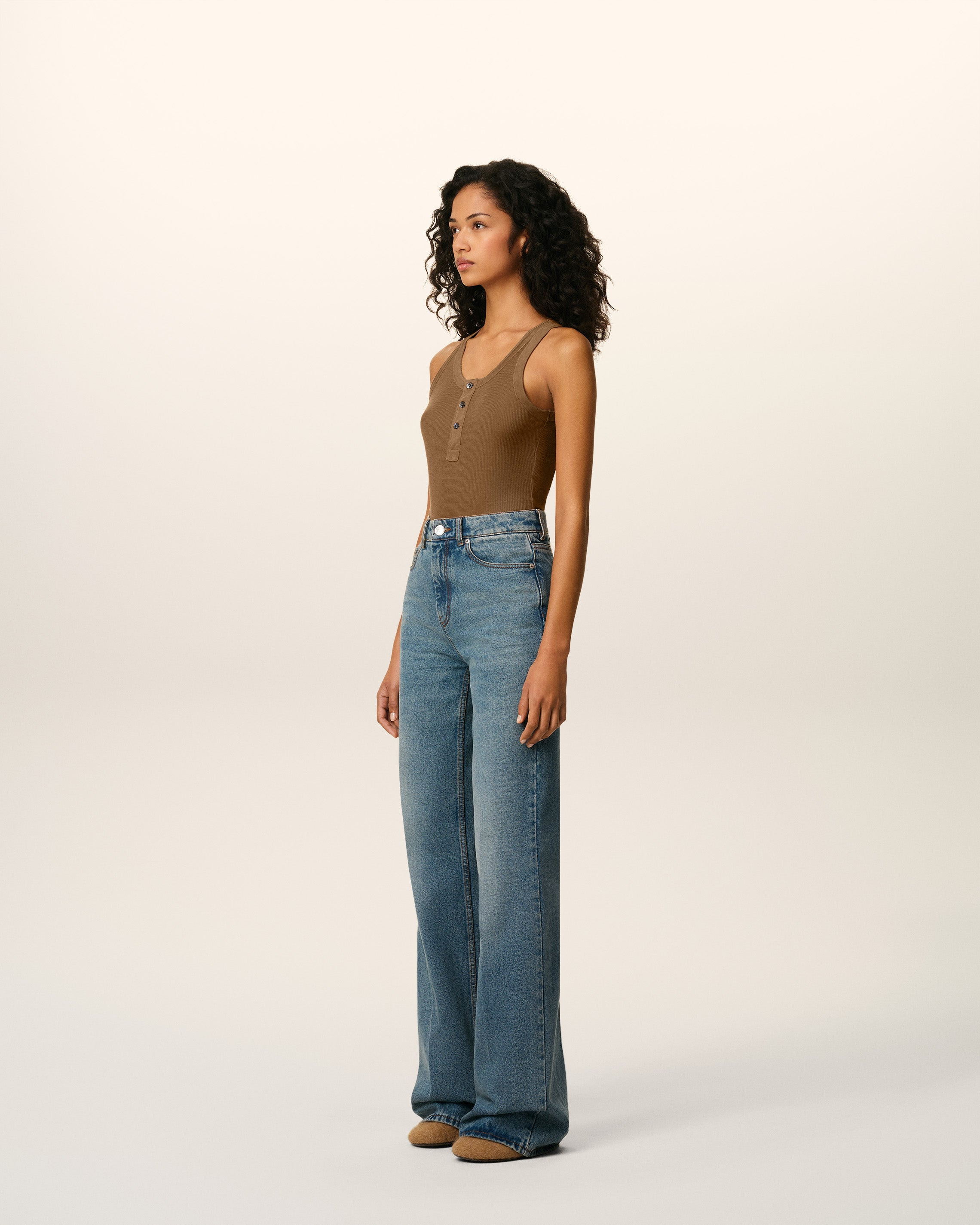 BROWN JERSEY TANKTOP WITH BUTTONED PLACKET - 6