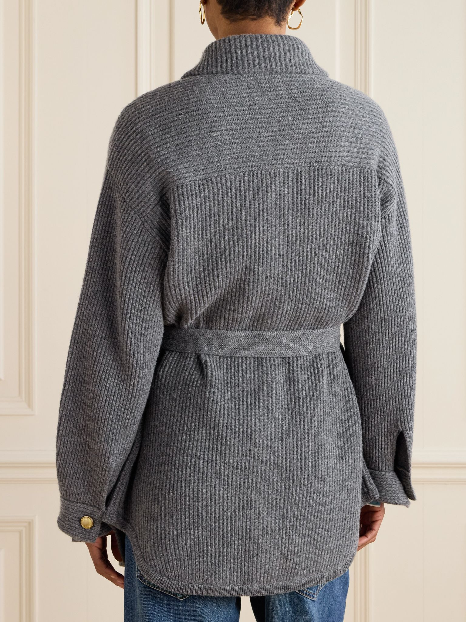 Belted ribbed-knit cardigan Dark gray - 4