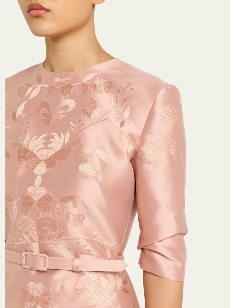 Embroidered Mikado Silk 3/4-Sleeve Gown With Belt 5