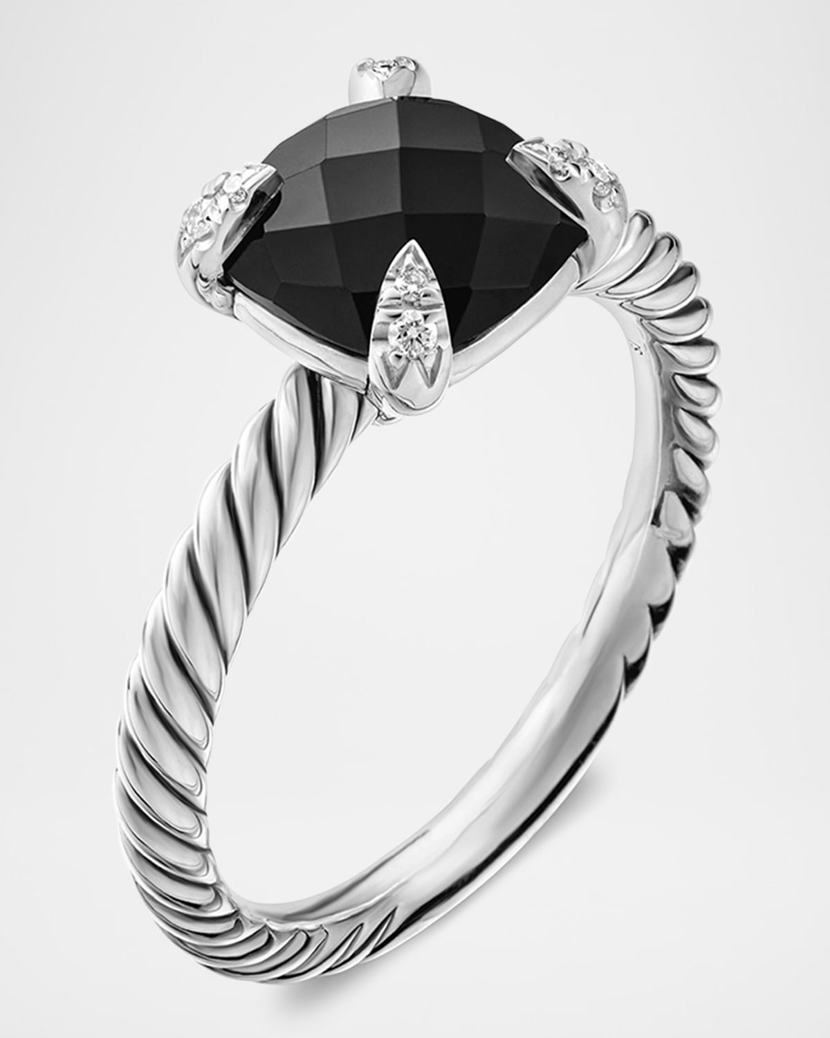 Chatelaine Ring with Black Onyx and Diamonds in Silver, 8mm, Size 10 - 3