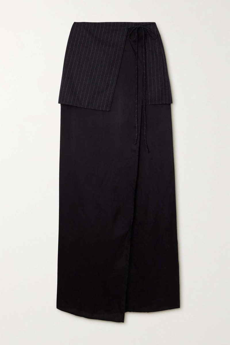 Layered pinstriped wool and satin maxi wrap skirt 1