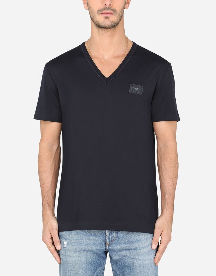 Cotton v-neck t-shirt with branded plate - 1